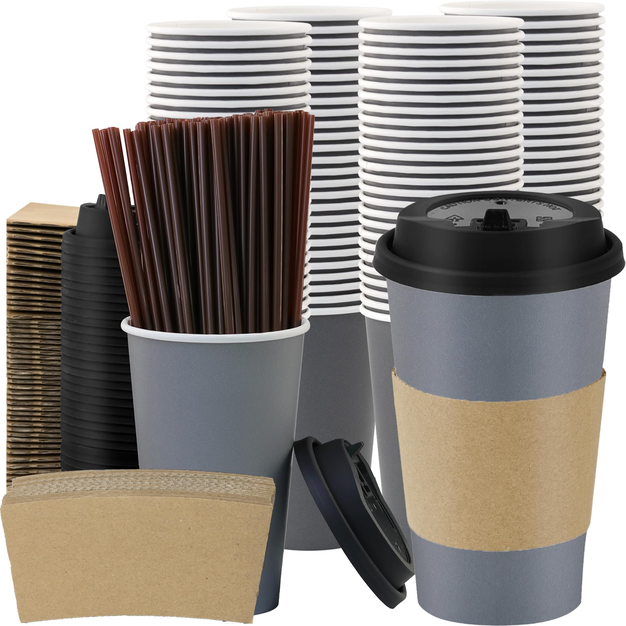 16 oz 100 Pack Corrugated Ripple Wall Disposable Coffee Cups with Lids and Straws, Heavy Duty Insulated Cups for Hot Beverage or Cold Drinks, Bulk for Restaurants, Offices, Coffee Shops(Black)