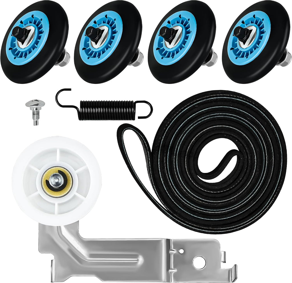 UPGRADED For Sam-Sung Dryer Repair Kit includes DC97-16782A Dryer Roller, DC93-00634A Idler Pulley, 6602-001655 Belt Replacement for Samsung Dryer dv42h5000ew/a3 By WFRWFR 7,8,9 Fit Model