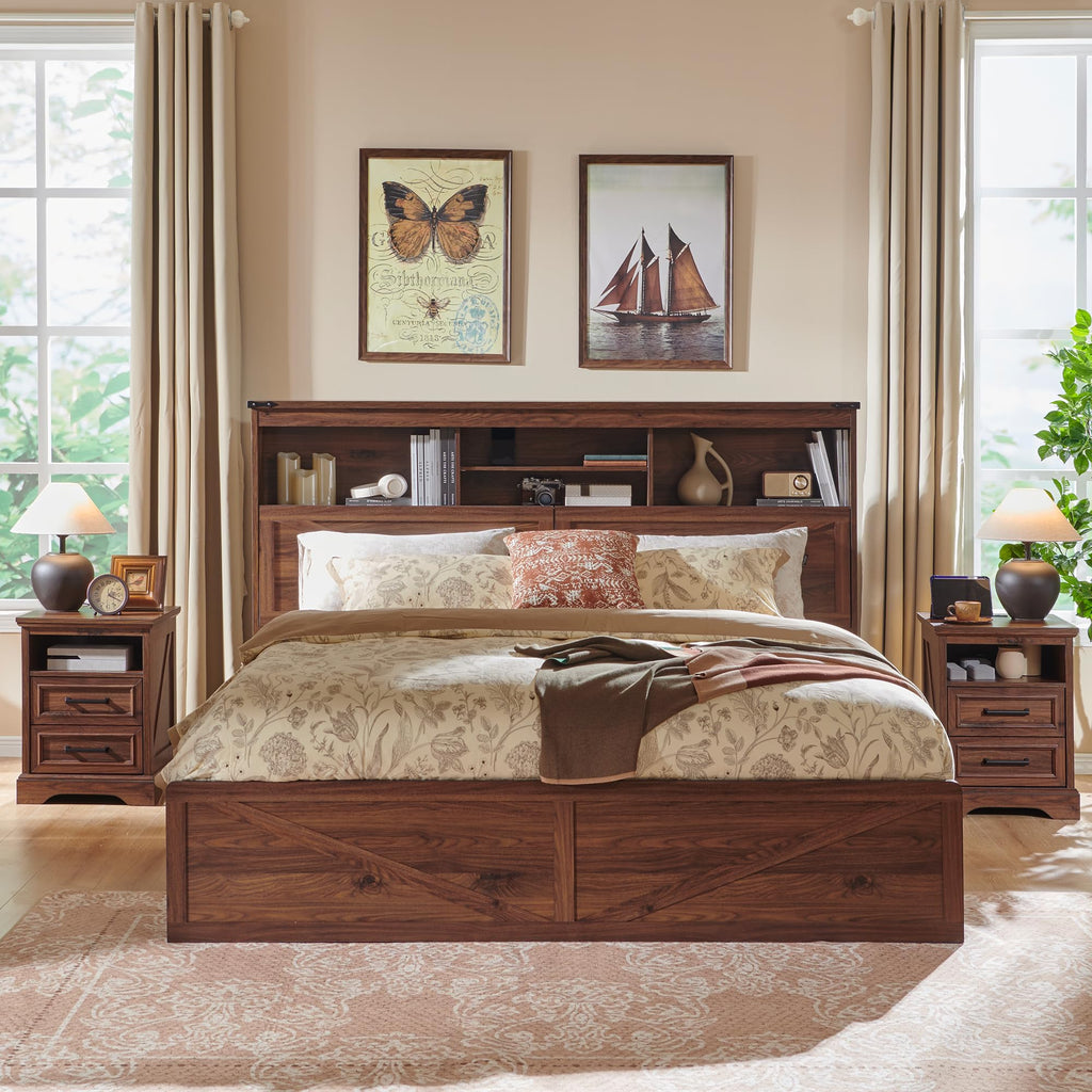ACCOHOHO Farmhouse Queen Size Bed Frame with 52" Storage Bookcase Headboard and 4 Drawers,Wood Bed Frame with LED Light and Charging Station,Natural Oak