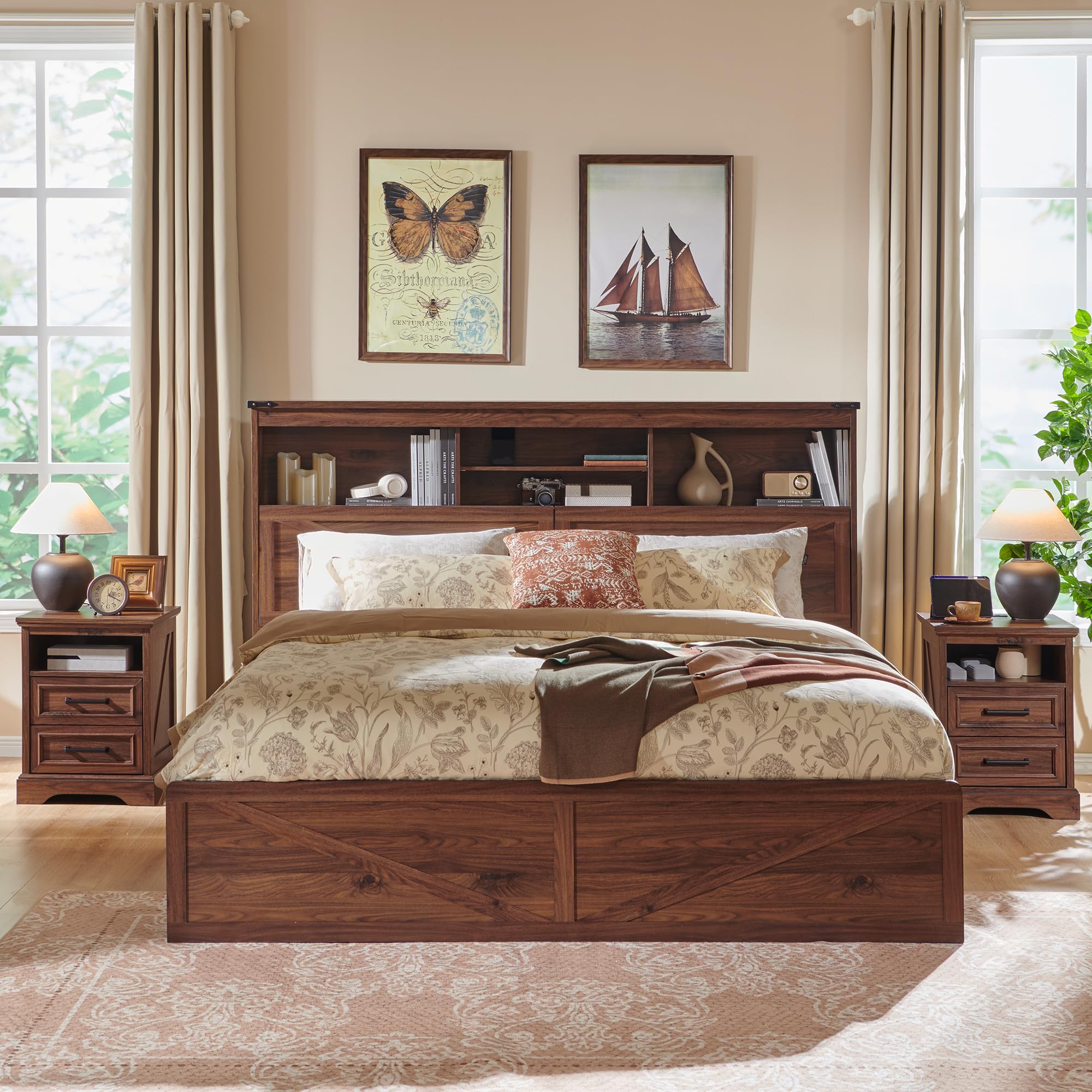 ACCOHOHO Farmhouse Queen Size Bed Frame with 52" Storage Bookcase Headboard and 4 Drawers,Wood Bed Frame with LED Light and Charging Station,Natural Oak