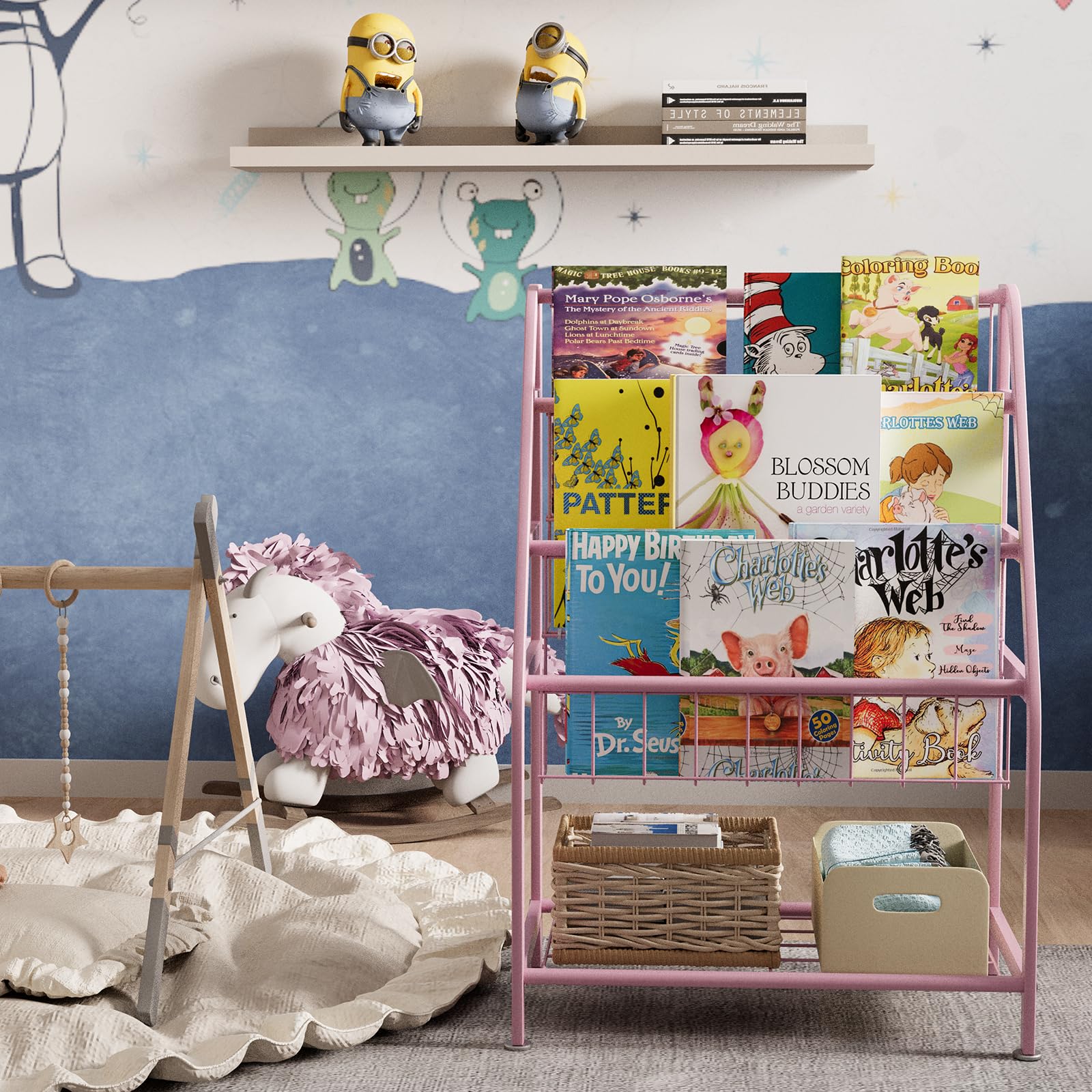 aboxoo Metal Kids Bookshelf Black Large Freestanding for Children Room 32 in Toy Organizer Large Stable Bookcase Bookstore Library Book Unit Storage Kids Bed Living Room