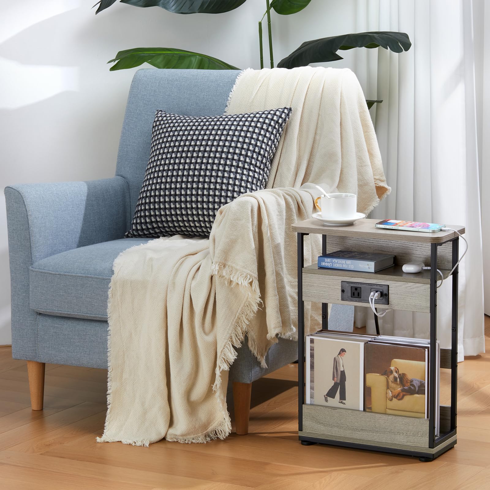 YEAKOO Narrow Side Table with Charging Station, 3-Tier End Table with 2 USB Ports & Power Outlets,Thin Sofa Side Table for Narrow and Small Spaces, Bedside Table Nightstand for Living Room,Black