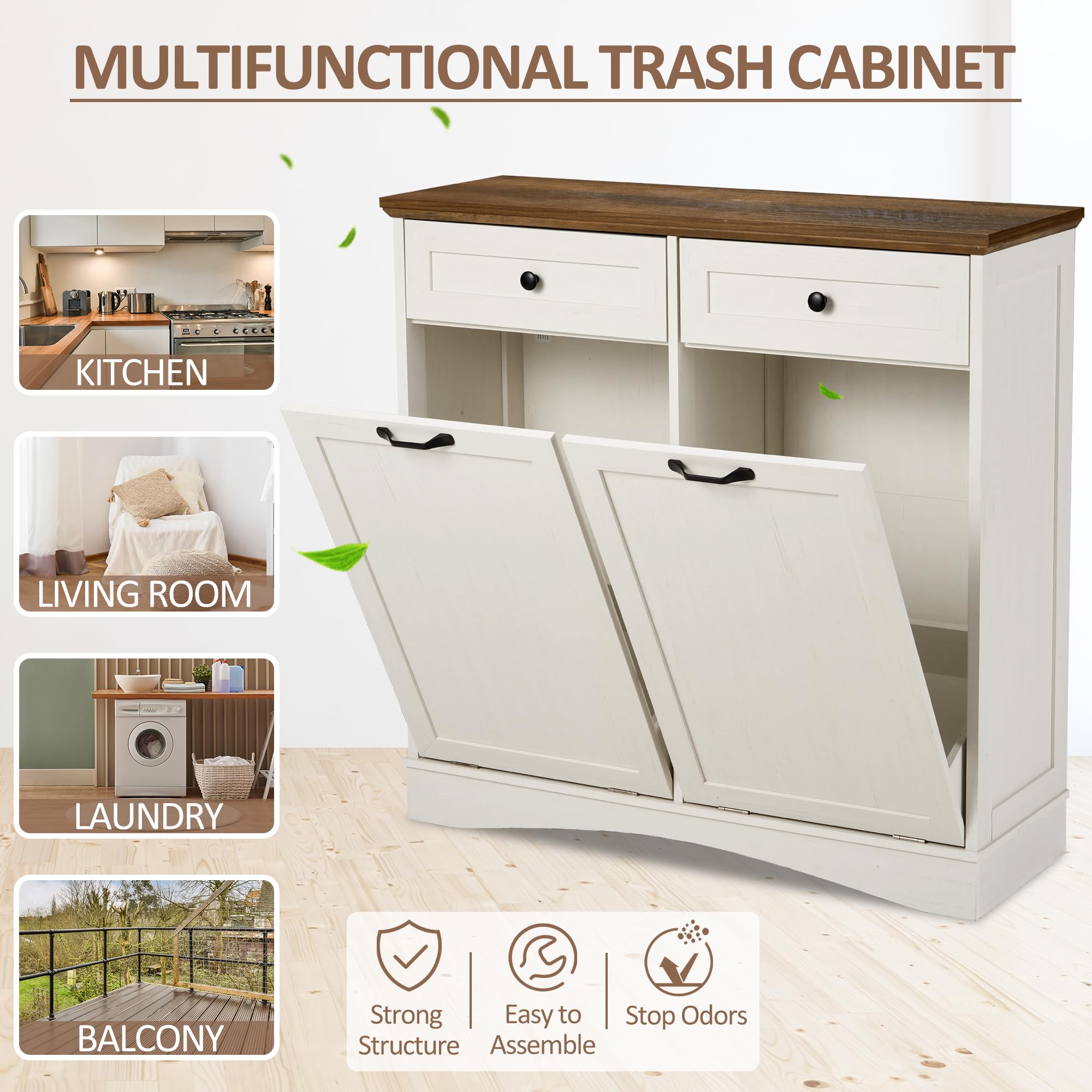 AHB Double Tilt Out Trash Can Cabinet Freestanding Kitchen Trash Can, 2x13 Gallons Hidden Garbage Recycling Cabinet with Hideaway Drawers Pet Proof Trash Can Holder for Kitchen, Antique White