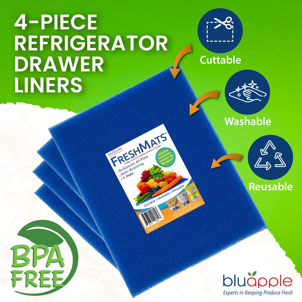 Bluapple FreshMats, Refrigerator Bin Liner, Fridge Drawer Mats, Crisper Life Extender Liner Keeps Produce Fresh Longer, Anti-Bruising, for Air Circulation, Washable & Reusable (4-Mats, 12x15, Black)