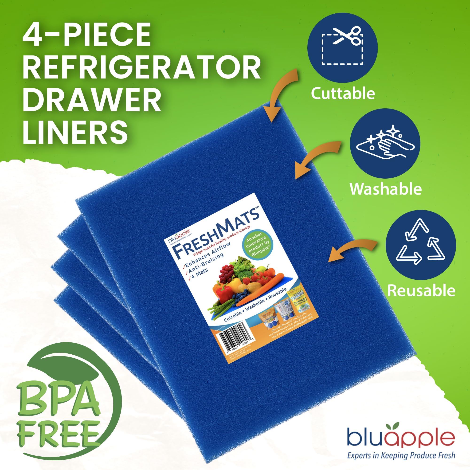 Bluapple FreshMats, Refrigerator Bin Liner, Fridge Drawer Mats, Crisper Life Extender Liner Keeps Produce Fresh Longer, Anti-Bruising, for Air Circulation, Washable & Reusable (4-Mats, 12x15, Black)