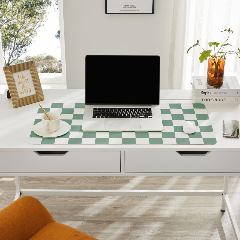 Ohocut Checkered Desk Mat, Large Cute Aesthetic Retro PU Leather Computer Laptop Desk Mat, Non-Slip Waterproof Mouse Keyboard Pad, Desk Writing Mat for Work/Home (Beige, 23.6" x 13.7")