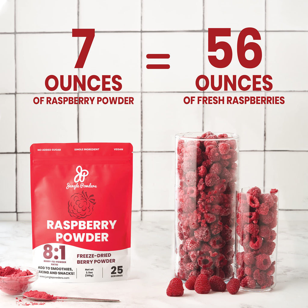 Jungle Powders Raspberry Powder 3.5 Ounce Bag, Food Grade Powdered Unsweetened Freeze Dried Raspberries, Additive, Filler Free Red Superfood Extract for Baking Cooking Flavoring Rasberries Smoothies