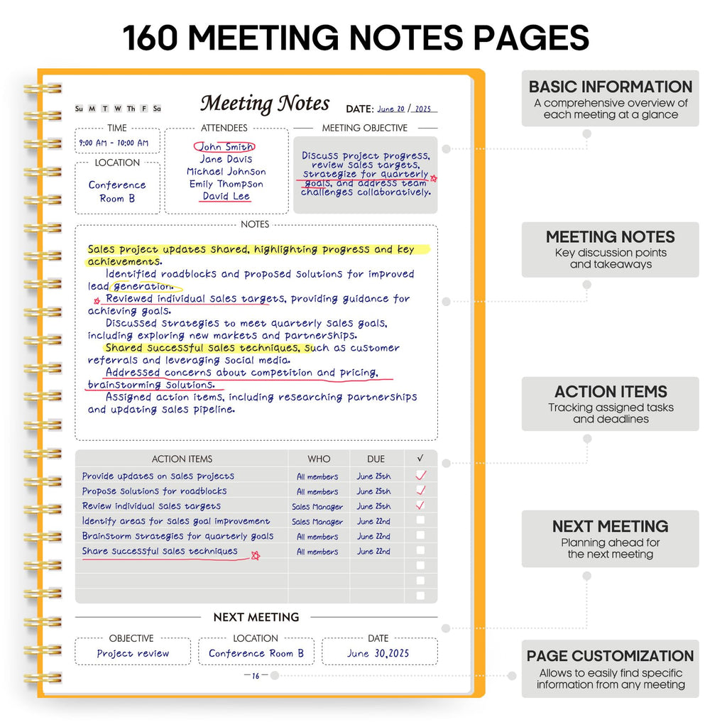 Meeting Notebook for Work Organization - Work Planner Notebook with Action Items, Agenda Planner for Note Taking, 160 Pages (6.9" X 9.9") Project Organizer for Men & Women - Pink