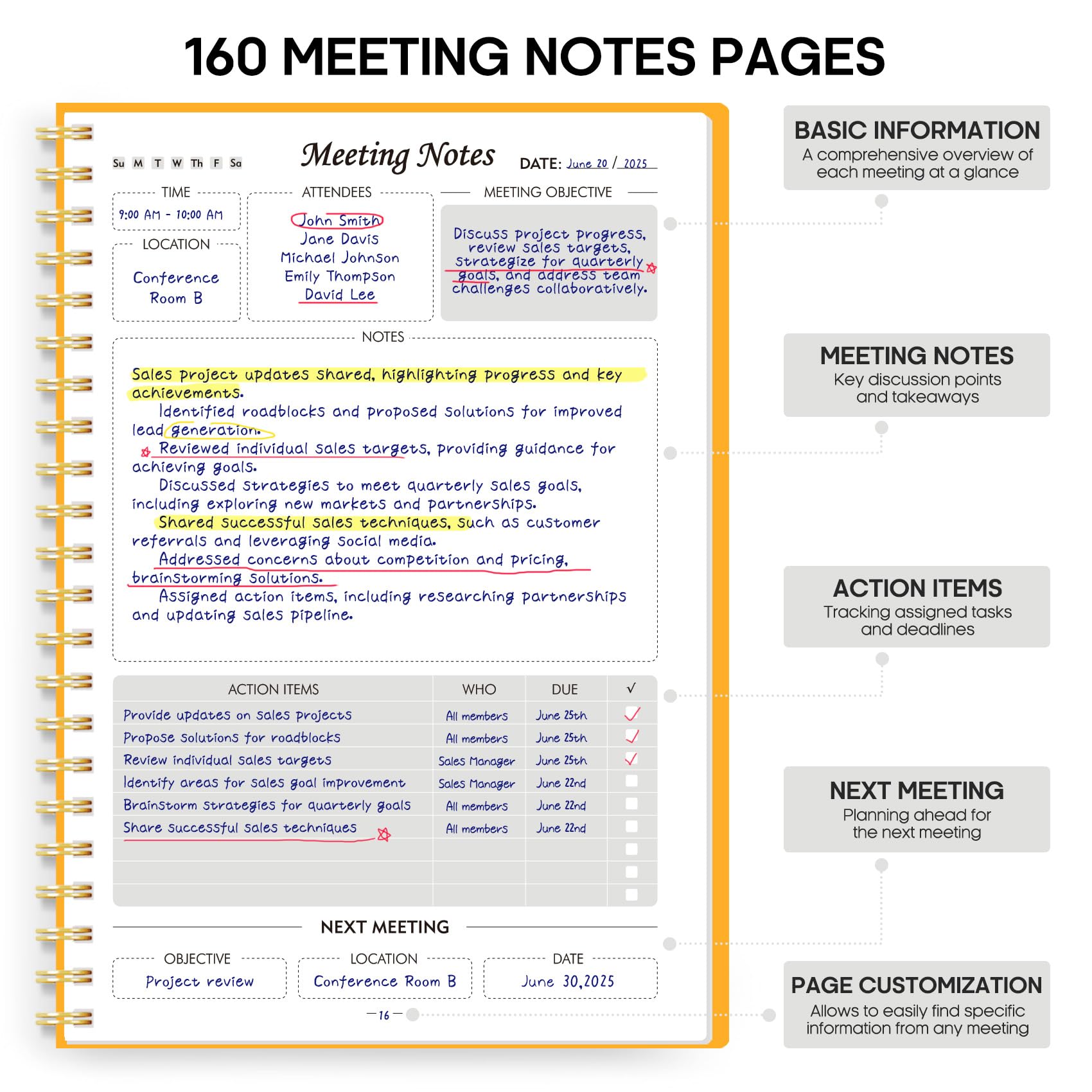 Meeting Notebook for Work Organization - Work Planner Notebook with Action Items, Agenda Planner for Note Taking, 160 Pages (6.9" X 9.9") Project Organizer for Men & Women - Pink