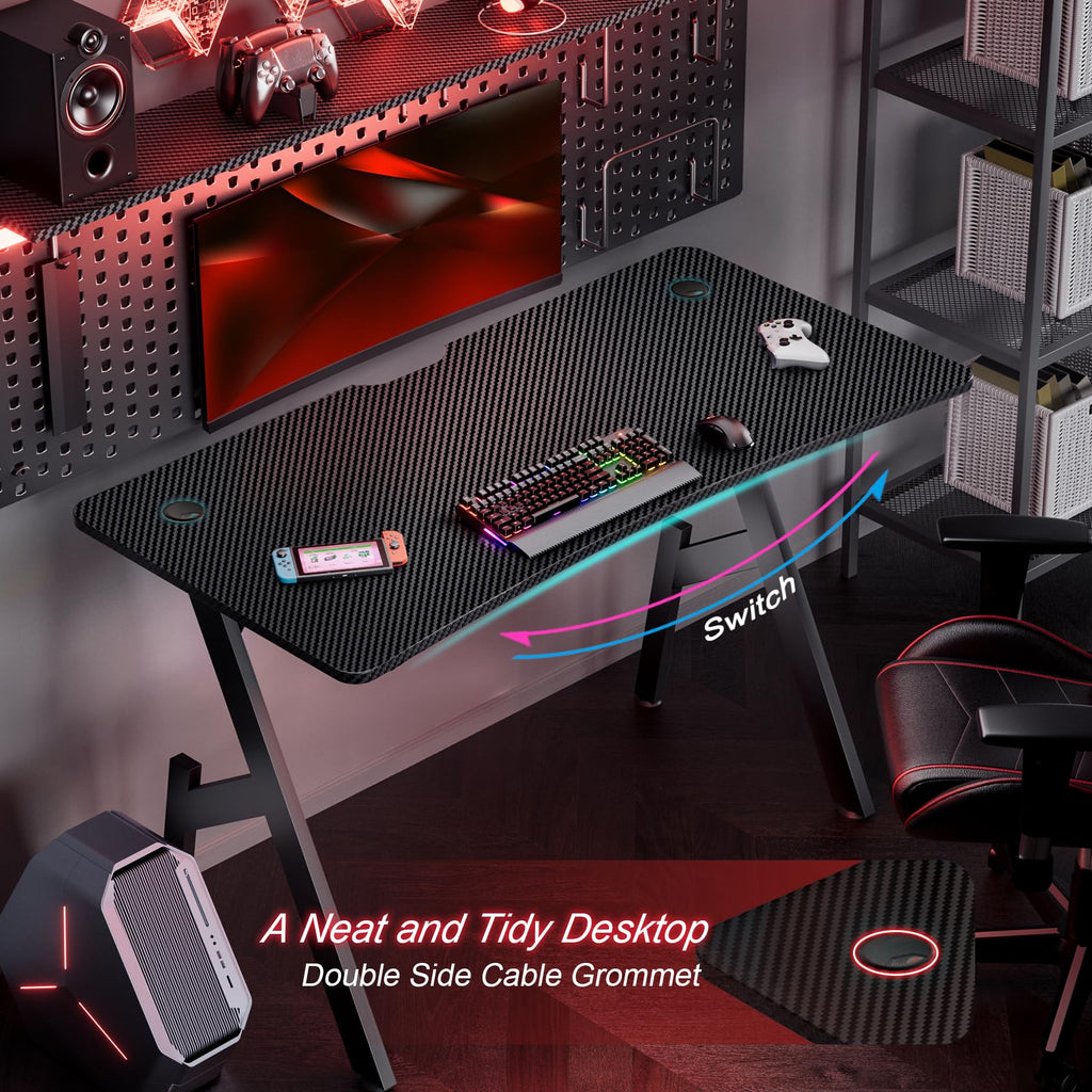 HLDIRECT 40 Inch Gaming Desk, Small Computer Gaming Desk Table with Cable Management, Ergonomic A Shape Modern Carbon Fiber Gamer Table Pc Workstation Home Office Desks for Small Space, Black