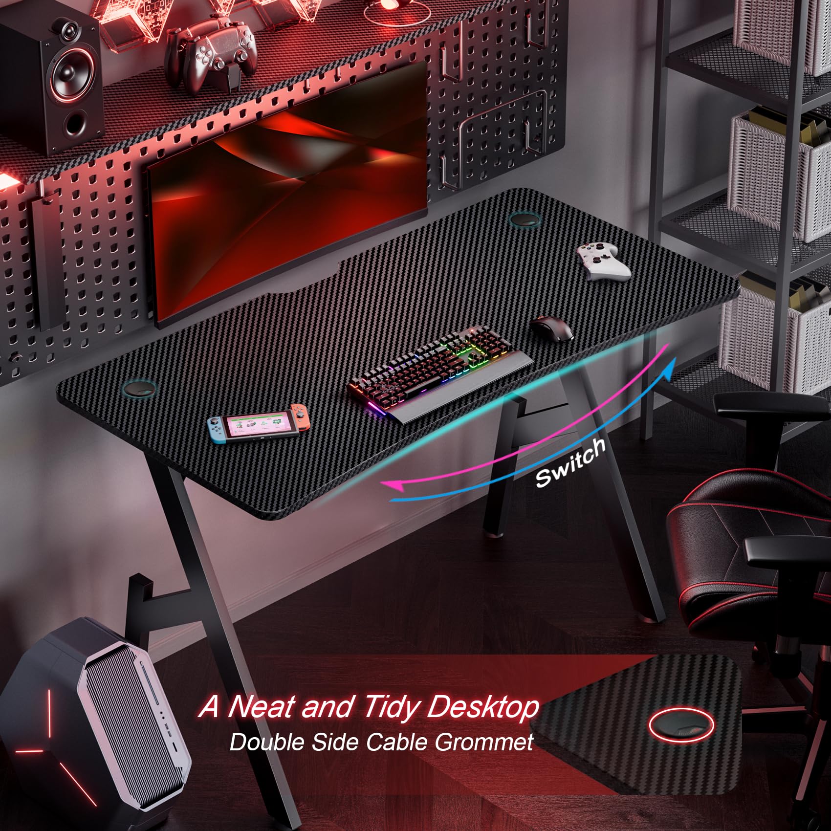 HLDIRECT 40 Inch Gaming Desk, Small Computer Gaming Desk Table with Cable Management, Ergonomic A Shape Modern Carbon Fiber Gamer Table Pc Workstation Home Office Desks for Small Space, Black