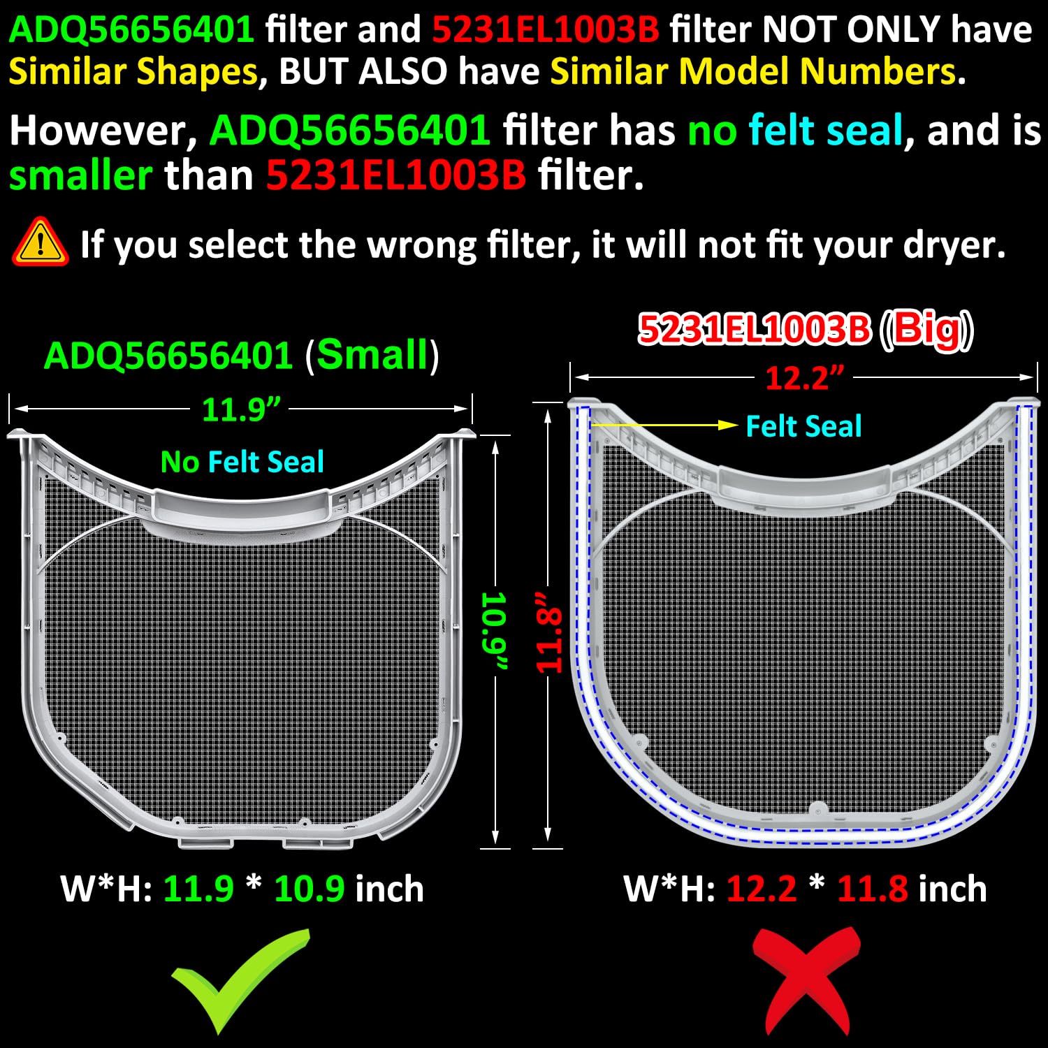 ADQ56656401 Lint Filter Replacement for LG & Kenmore Dryers, Ultra Durable Dryer Lint Screen Trap, Size 11.9 * 10.9 inch, Top with Ear, Rim without Felt Seal, Replace P/N ADQ566564 AP4457244 PS3531962