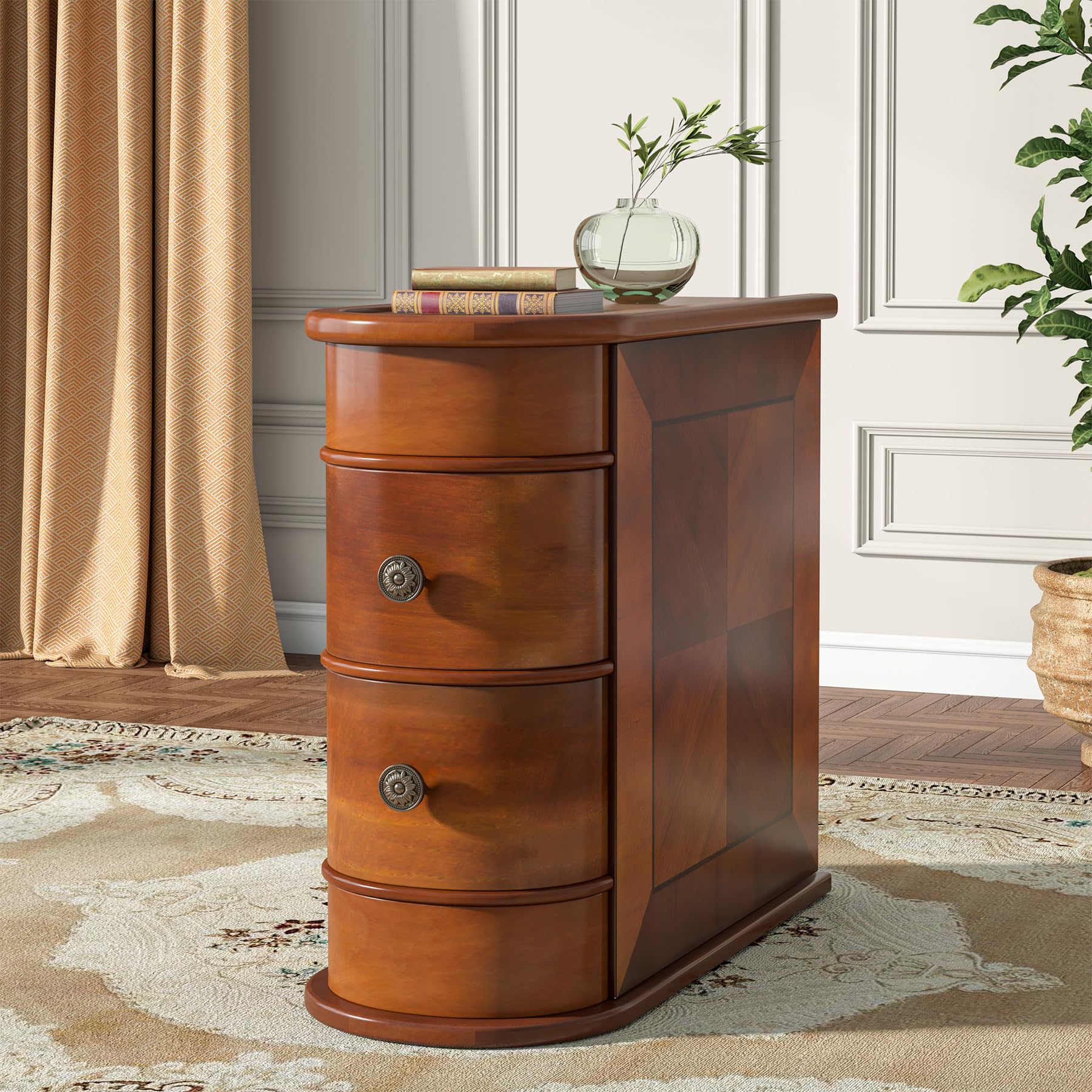 Tribesigns Wood End Table, 2-Drawer Narrow Side Table Slim Chair Solid Side Table, No Assembly Required, Finished Back