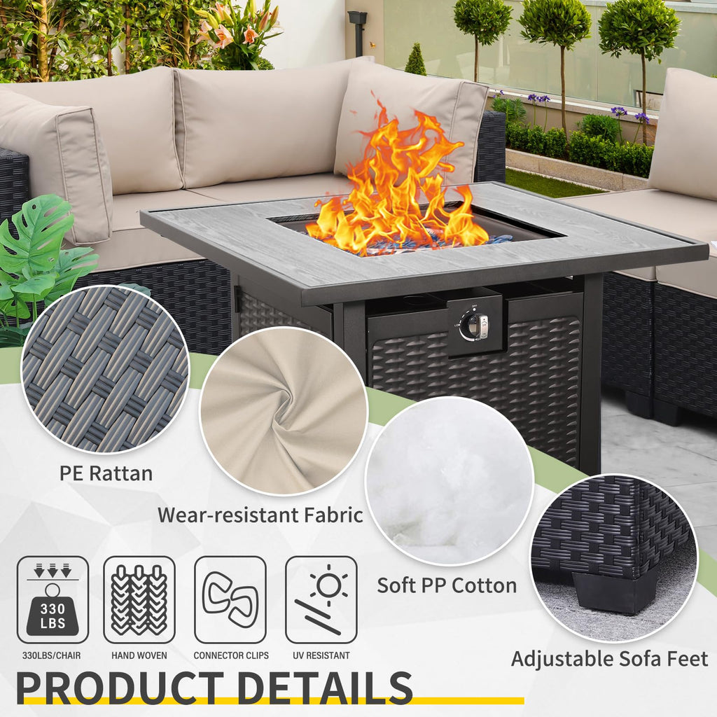 WAROOM Outdoor 5 Piece Patio Furniture Set, Black Rattan Conversation Couch Resin Wicker Sectional Sofa Outside Chair with Coffee Table, Grey Cushion