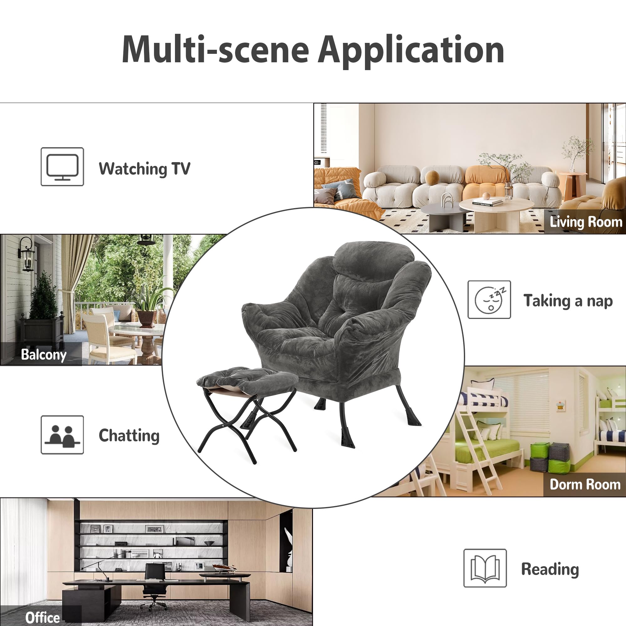 Youtanic Lazy Chair with Folding Ottoman, Accent Chair Velvet Upholstered with Metal Structure and Non-Slip Pads, Sofa Armchair with Footrest and Side Storage Bag for Dorm, Room, Office, Beige
