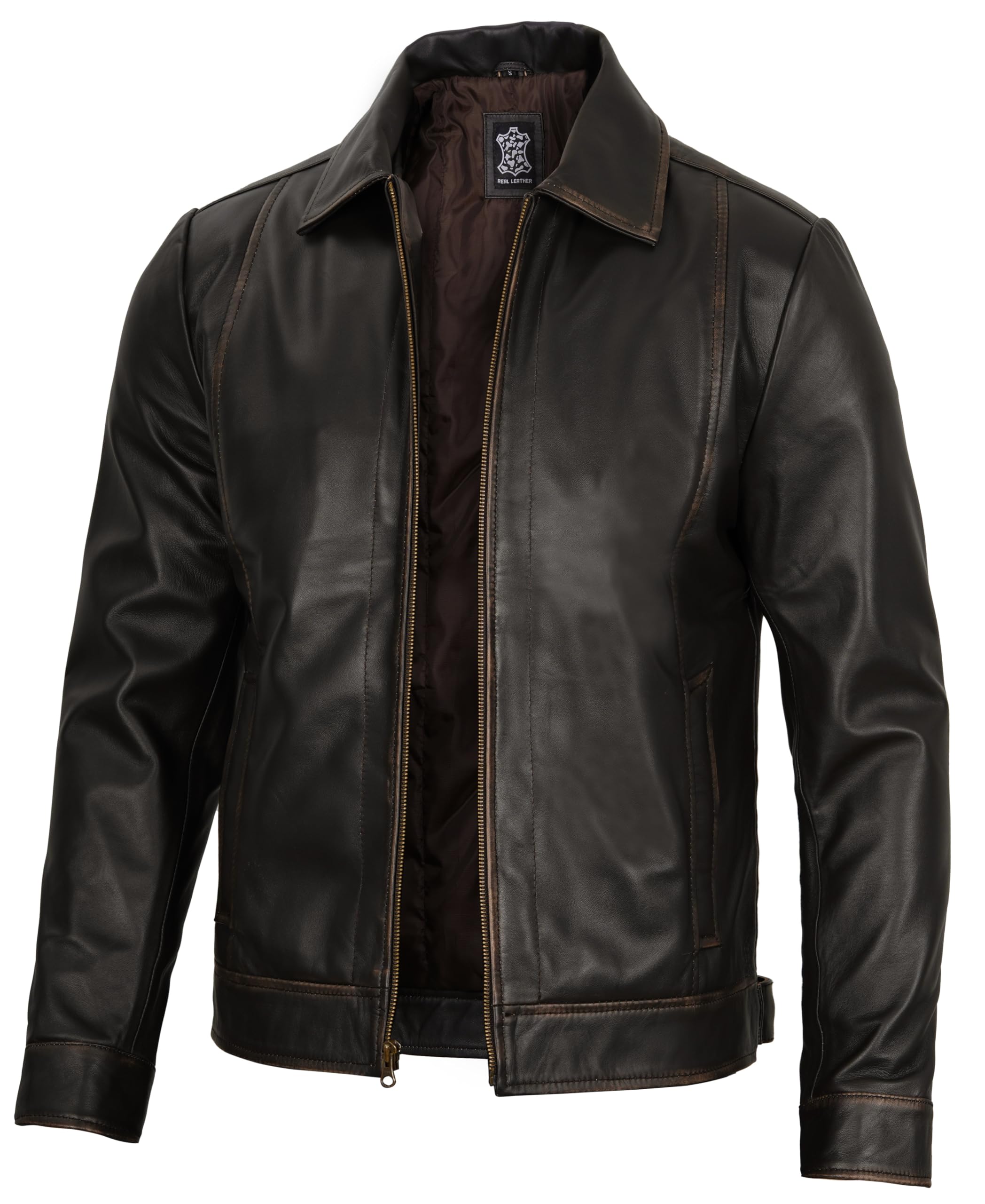 Decrum Vintage Style Mens Leather Jacket - Real Lambskin Classic Shirt Collar Leather Jackets for Men