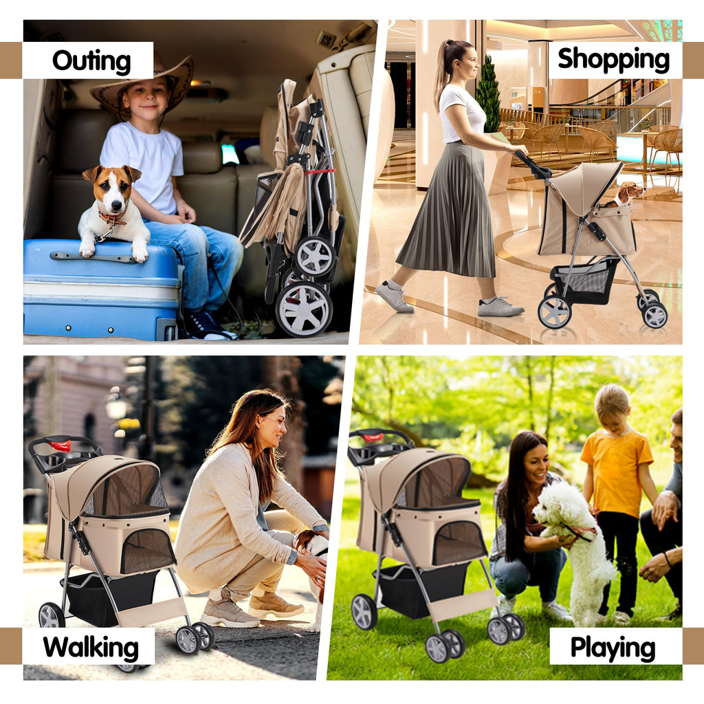 Pet Stroller, 4 Wheels Pet Strolling Cart for Medium/Small Dogs and Cats, Foldable Cat Jogger/Dog Stroller with Cup Holder, Storage Basket, Breathable Mesh, All-Season Pet Carrier, Black