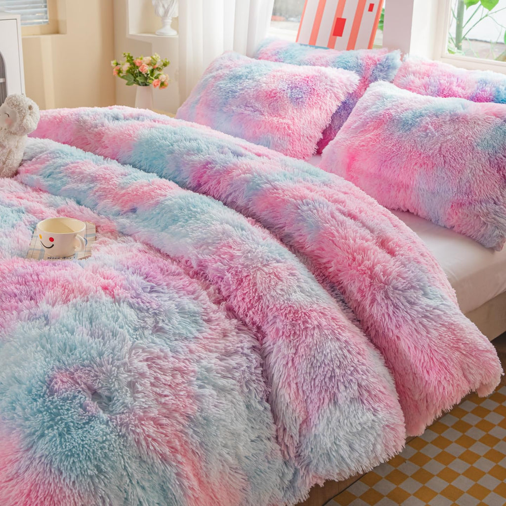 Faux Fur Kids Girls Purple Rainbow Comforter Sets Twin/Full - 3PC Bed Set Warm Comfortable Soft Plush Flannel Velvet Fluffy Fuzzy Bedding（Comforter x 1 Pillowcases x 2）