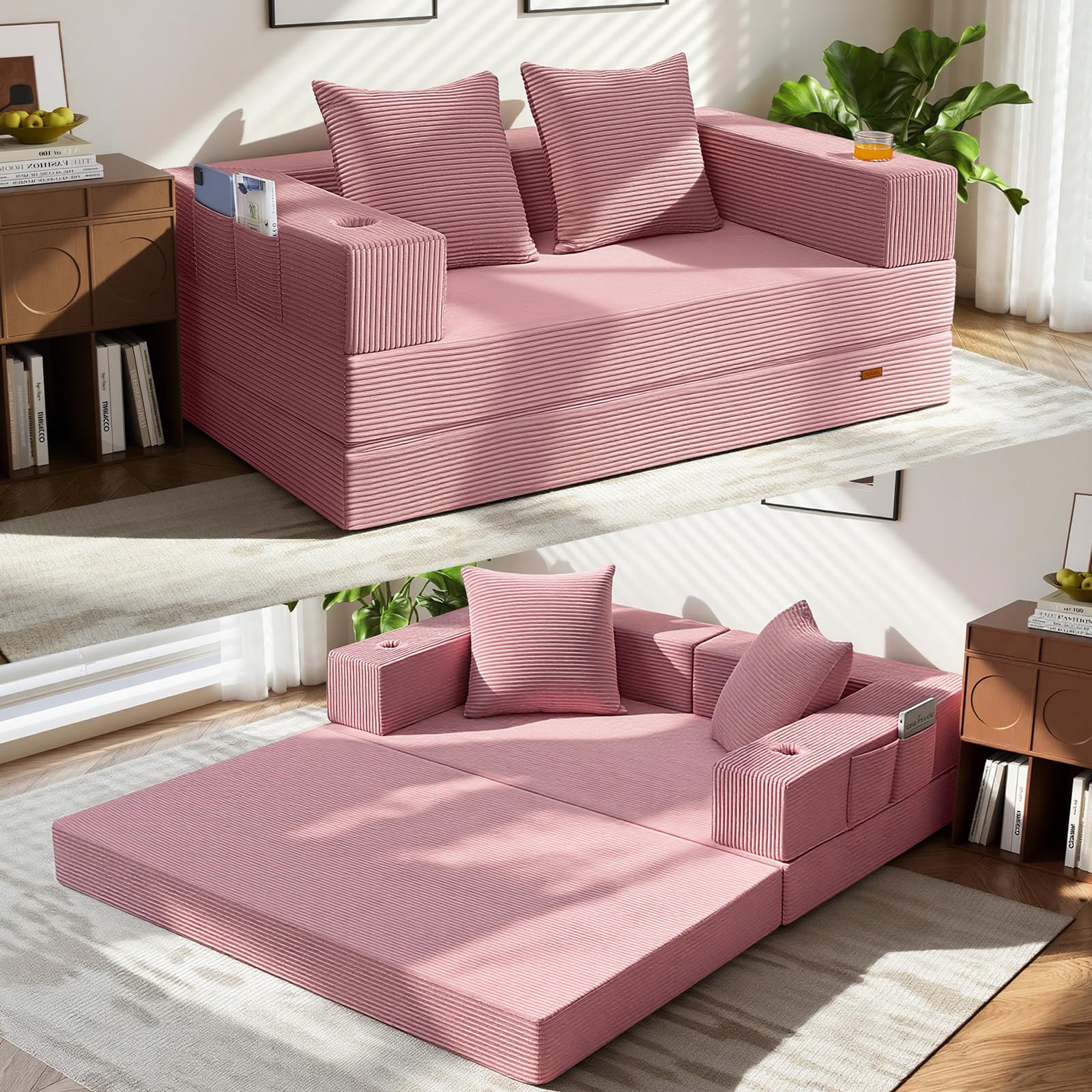 COMAX Futon Sofa Bed, 4‑in‑1 Convertible Sofa Bed, Folding Boneless Couches | Boneless Couch for living room, Fold Out Small Foldable Loveseat Floor Sleeper Mattress Lounge Space‑Saving, Ash Gray