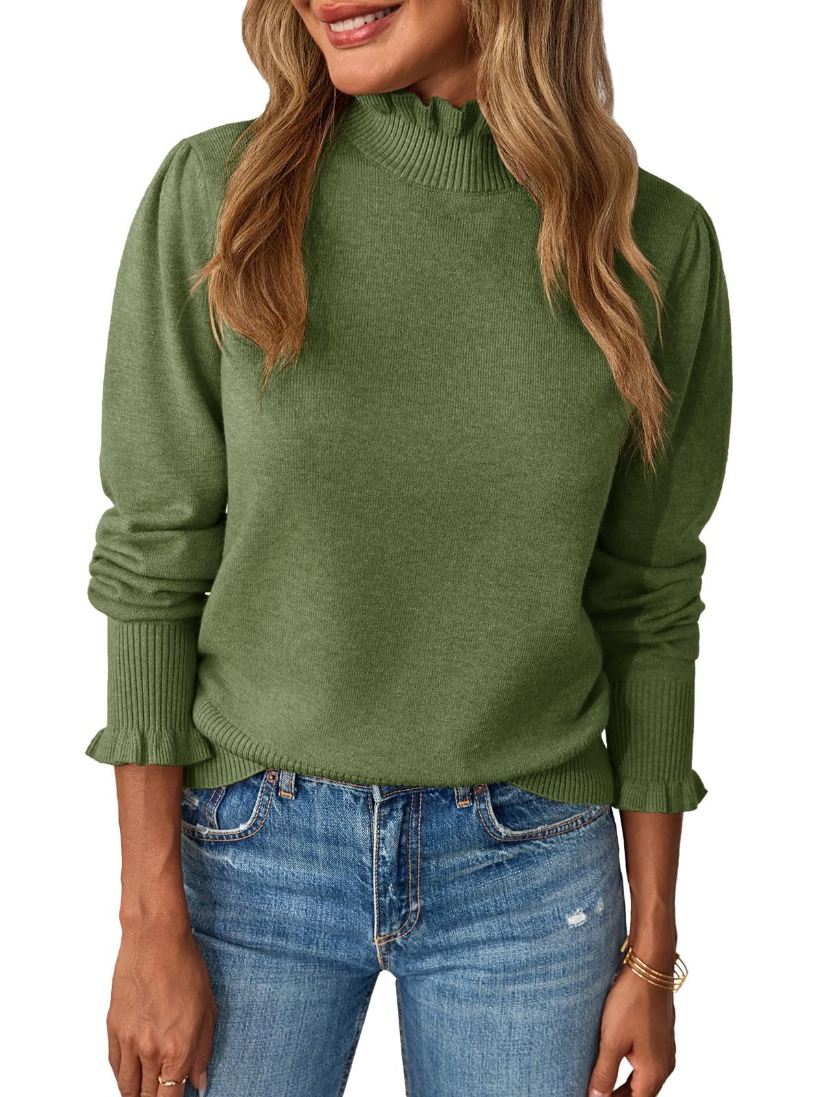 Saodimallsu Womens Ruffle Mock Neck Sweater Puff Long Sleeve Fall Soft Knit Casual Pullover Sweaters Top