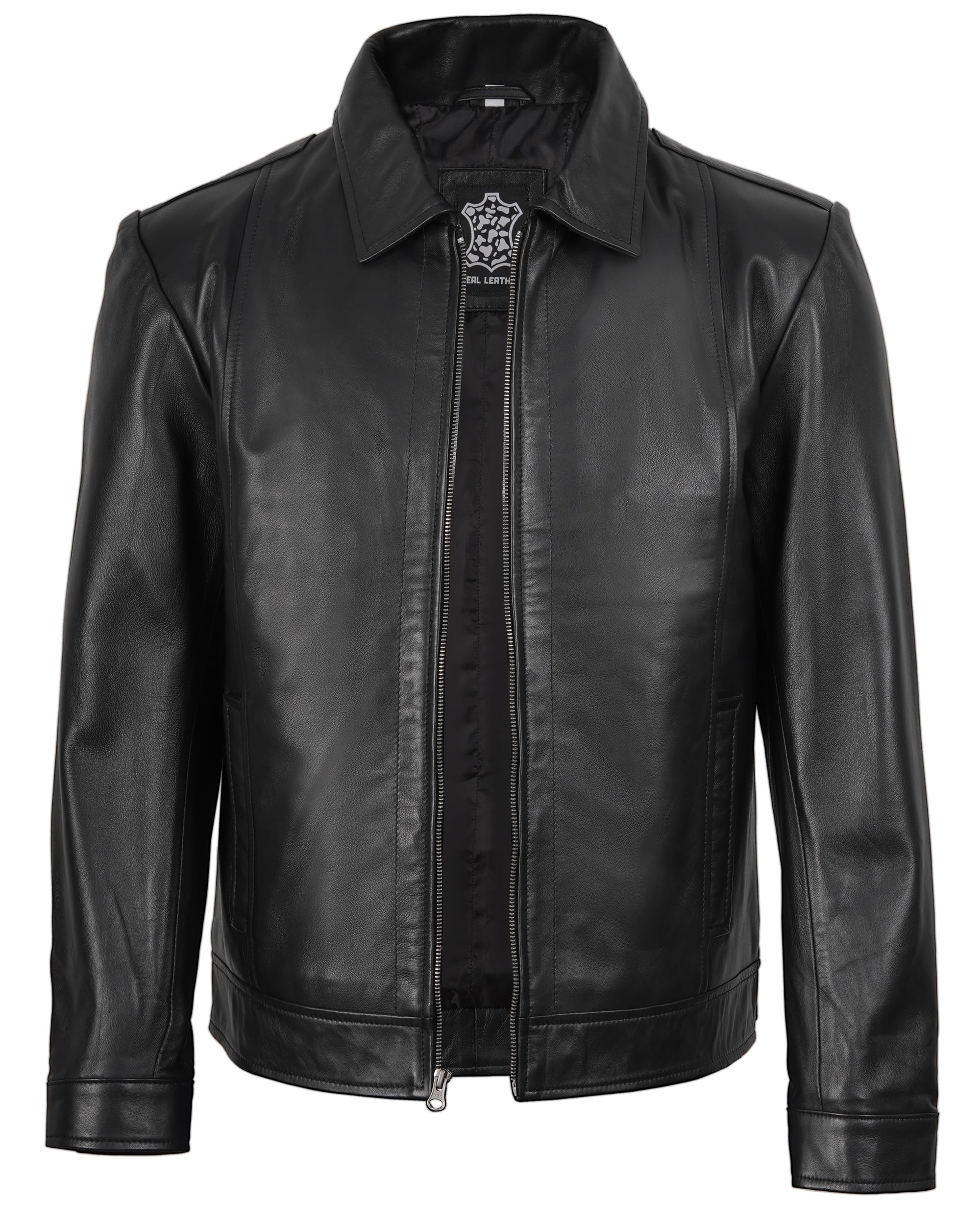 Decrum Vintage Style Mens Leather Jacket - Real Lambskin Classic Shirt Collar Leather Jackets for Men