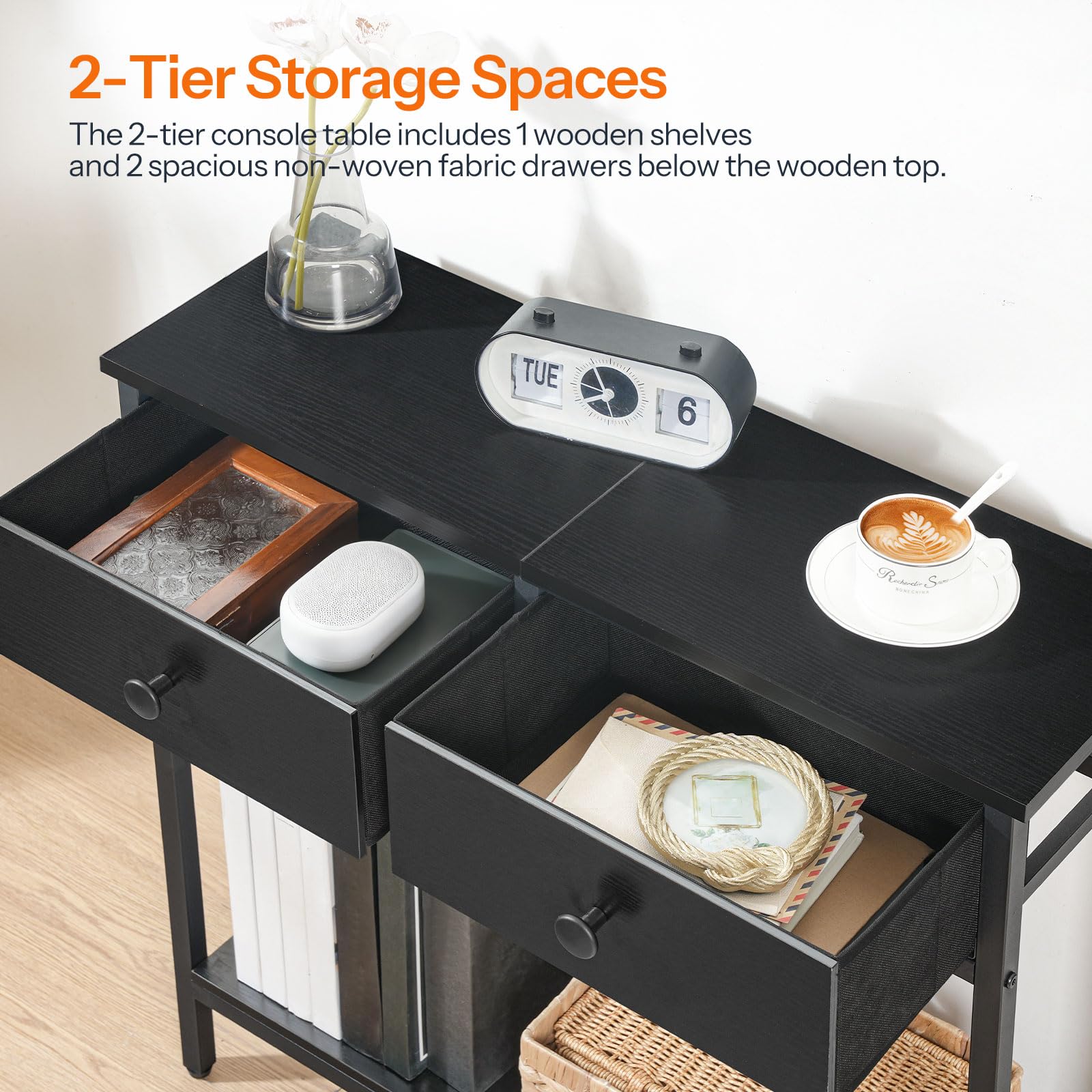 HOOBRO 29.5" Narrow Console Table with 2 Fabric Drawers, Small Entryway Table with 2-Tier Storage Shelves, Sofa Table, Behind Couch Table, for Living Room, Hallway, Black BB71XG01