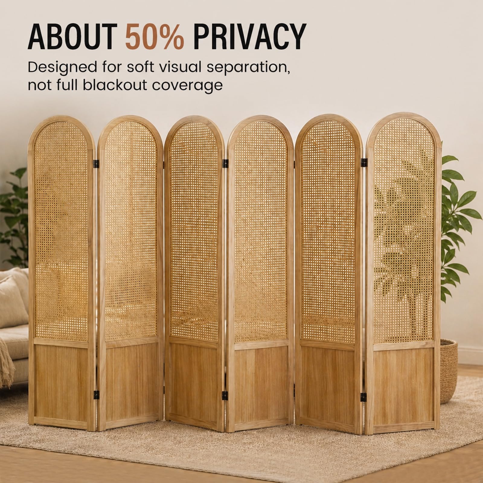 Hand-Woven Rattan Room Divider 3 Panels, 5.9 Ft Tall Wood Room Divider Panel, Partition Screen Divider Wall, Folding Privacy Screen, Wall Divider for Room Separation Home Office - Black