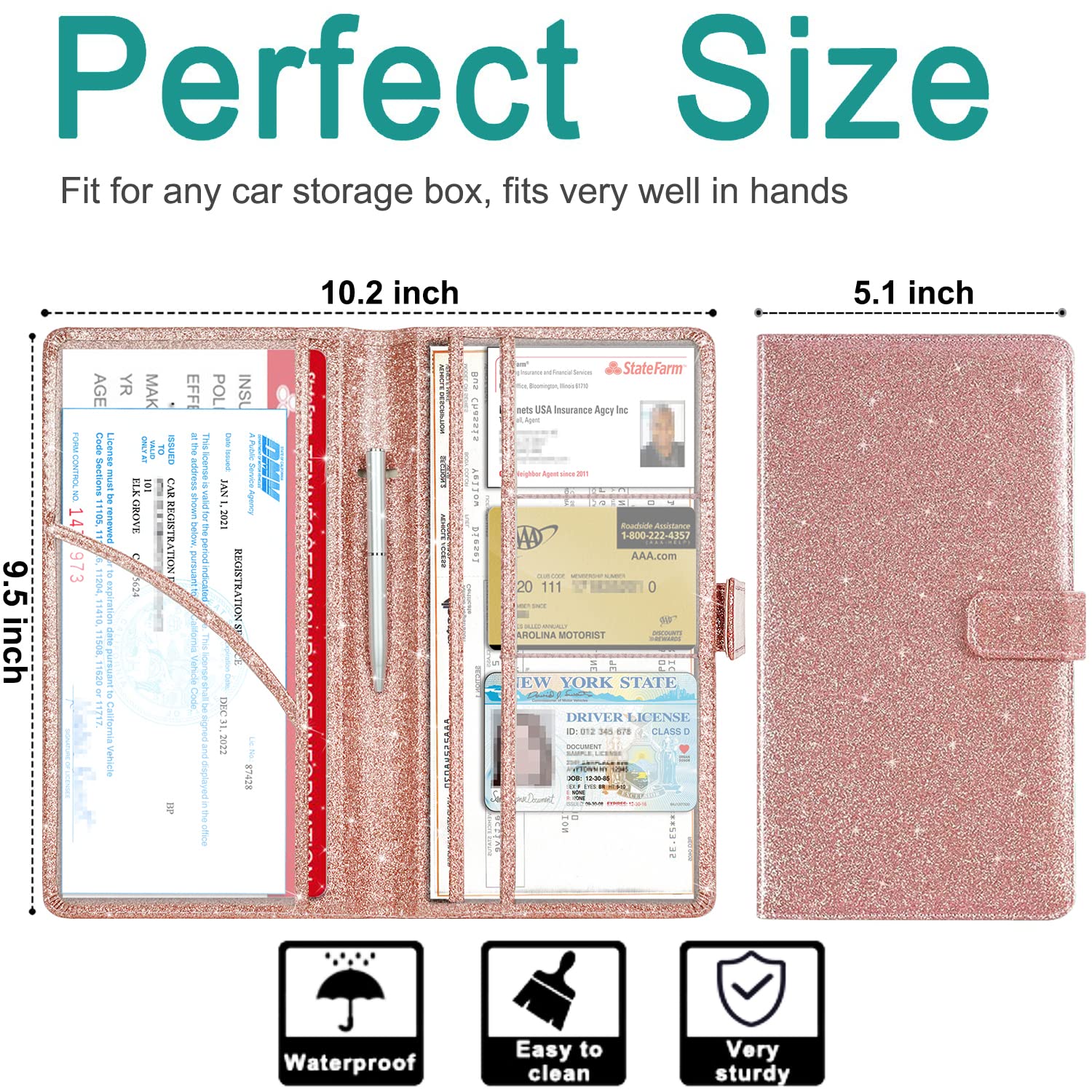 RSAquar Car Registration and Insurance Holder, Vehicle Glove Box Organizer Cool Car Accessories, Auto Truck Document Holder for Cards, Driver License, Black Glitter