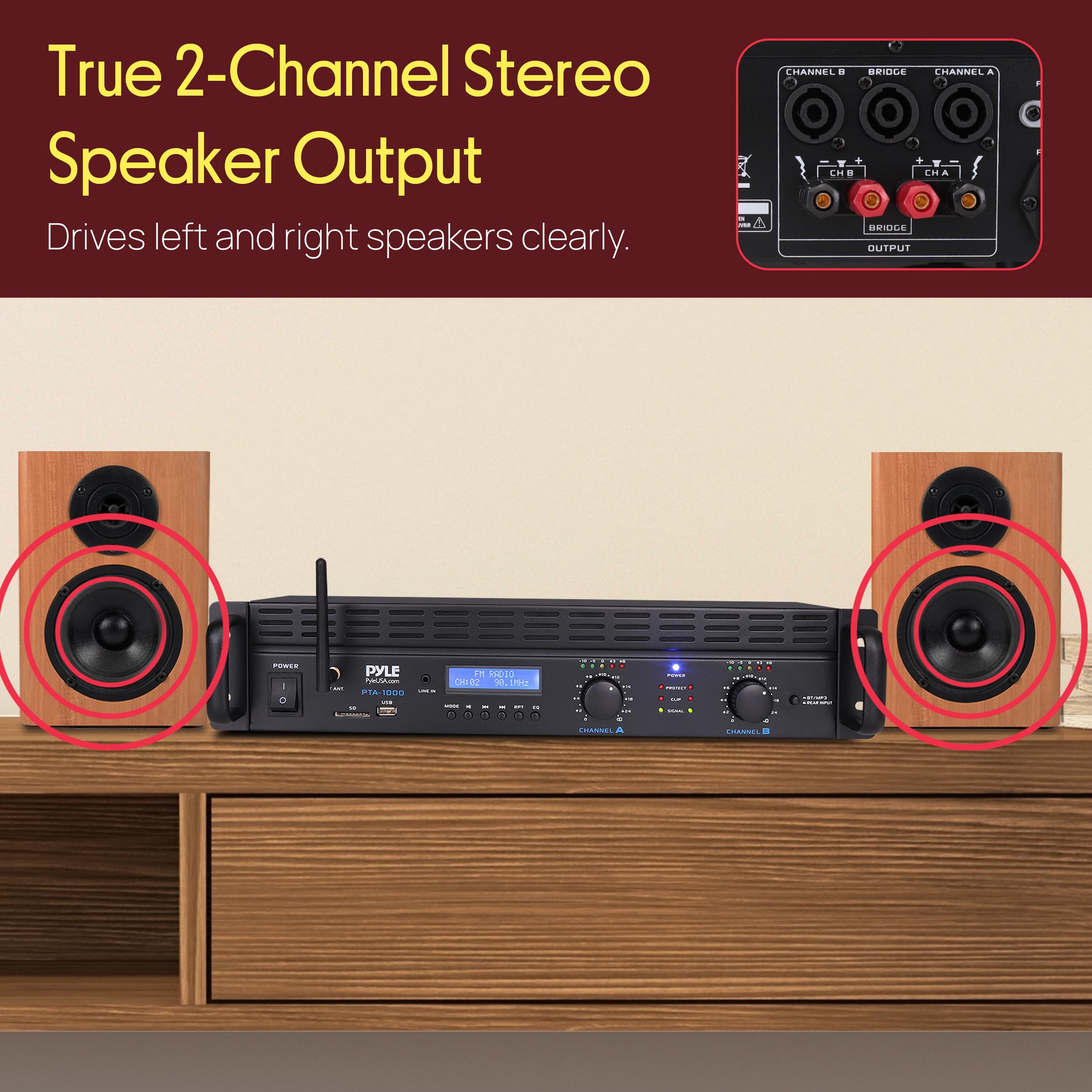 Pyle 2-Channel Rack Mount Power Amplifier with Bluetooth - 2000W Bridgeable with TRS XLR Input, Speakon Outputs, USB-A Input with MP3 Player, Bridge Mode, Cooling Fan, LED Level Meters - PTA1000BT