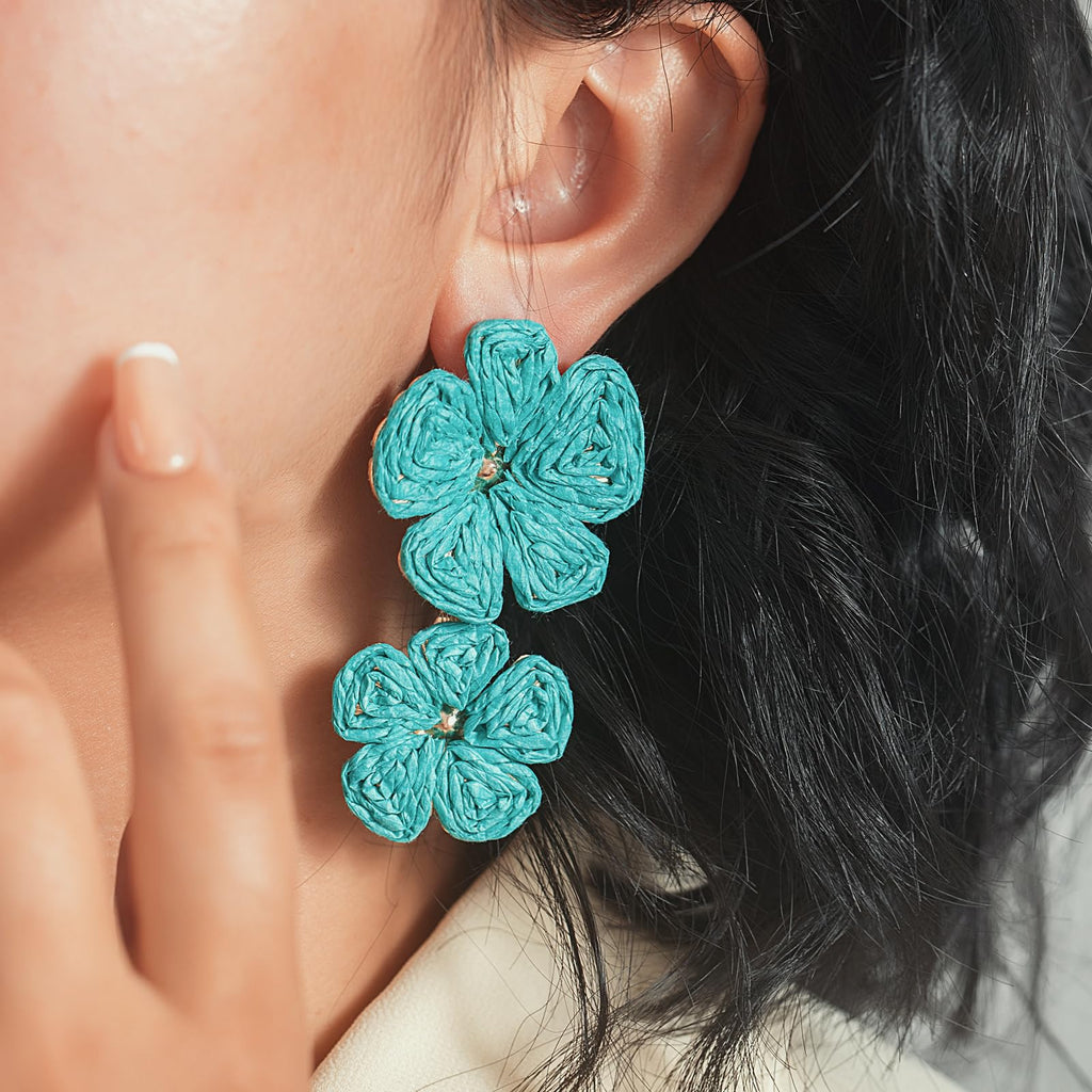 Boho Flower Earrings Statement Raffia Dangle Earrings Cute Floral Jewelry Trendy Summer Beach Vacation Outfits for Women