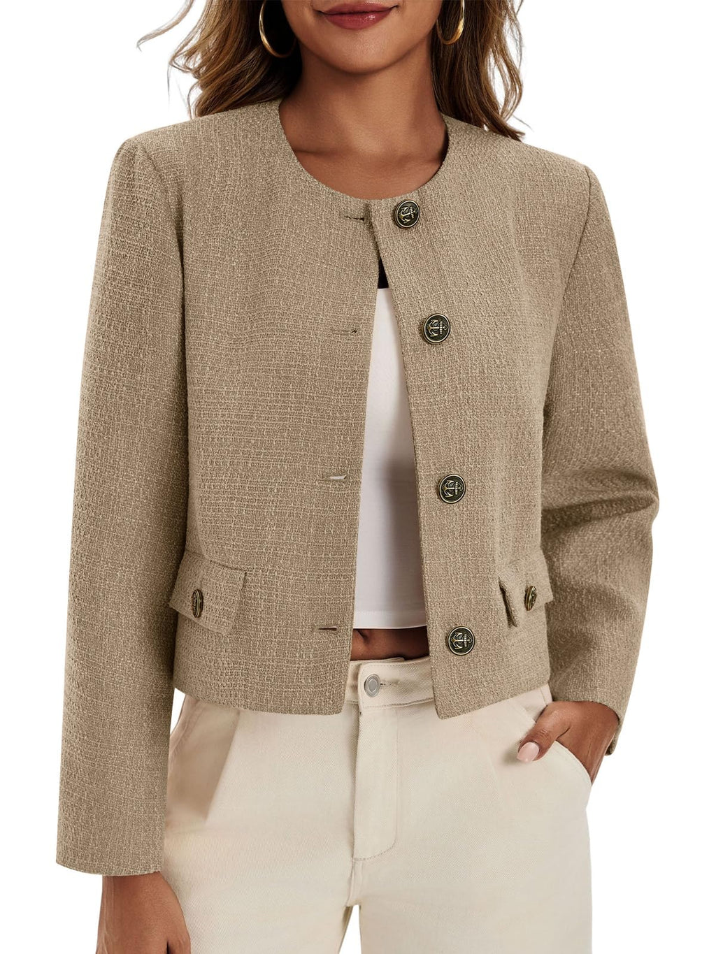 Cicy Bell Womens Cropped Tweed Blazer Collarless Button Down Bomber Jacket Business Casual Fall Outfits