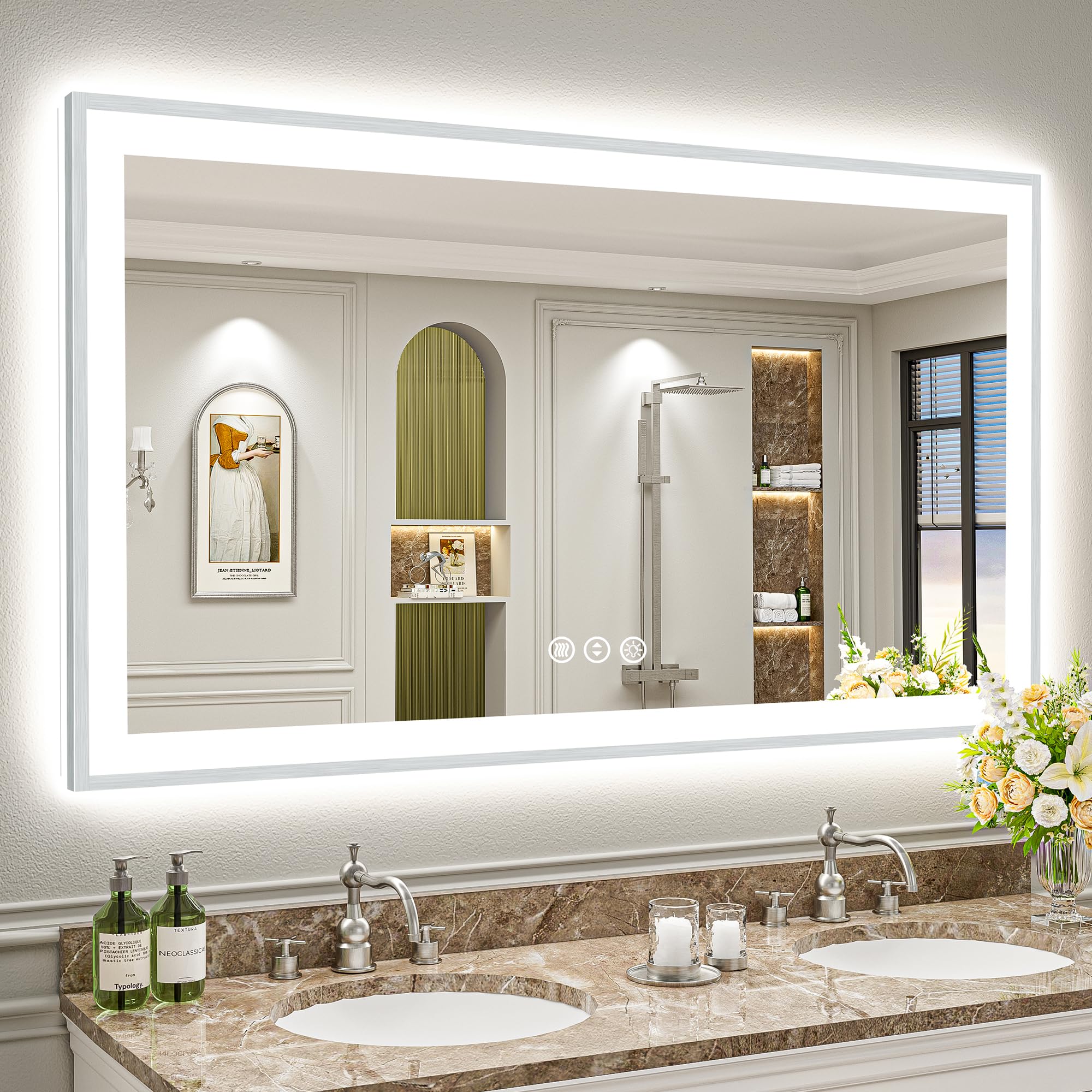 24x32 Black Framed LED Bathroom Mirror with Lights, Backlit and Front Lit Anti-Fog Lighted Vanity Mirrors for Bathroom Wall, Dimmable, 3 Colors, Memory, HD Tempered Glass, Horizontal/Vertical