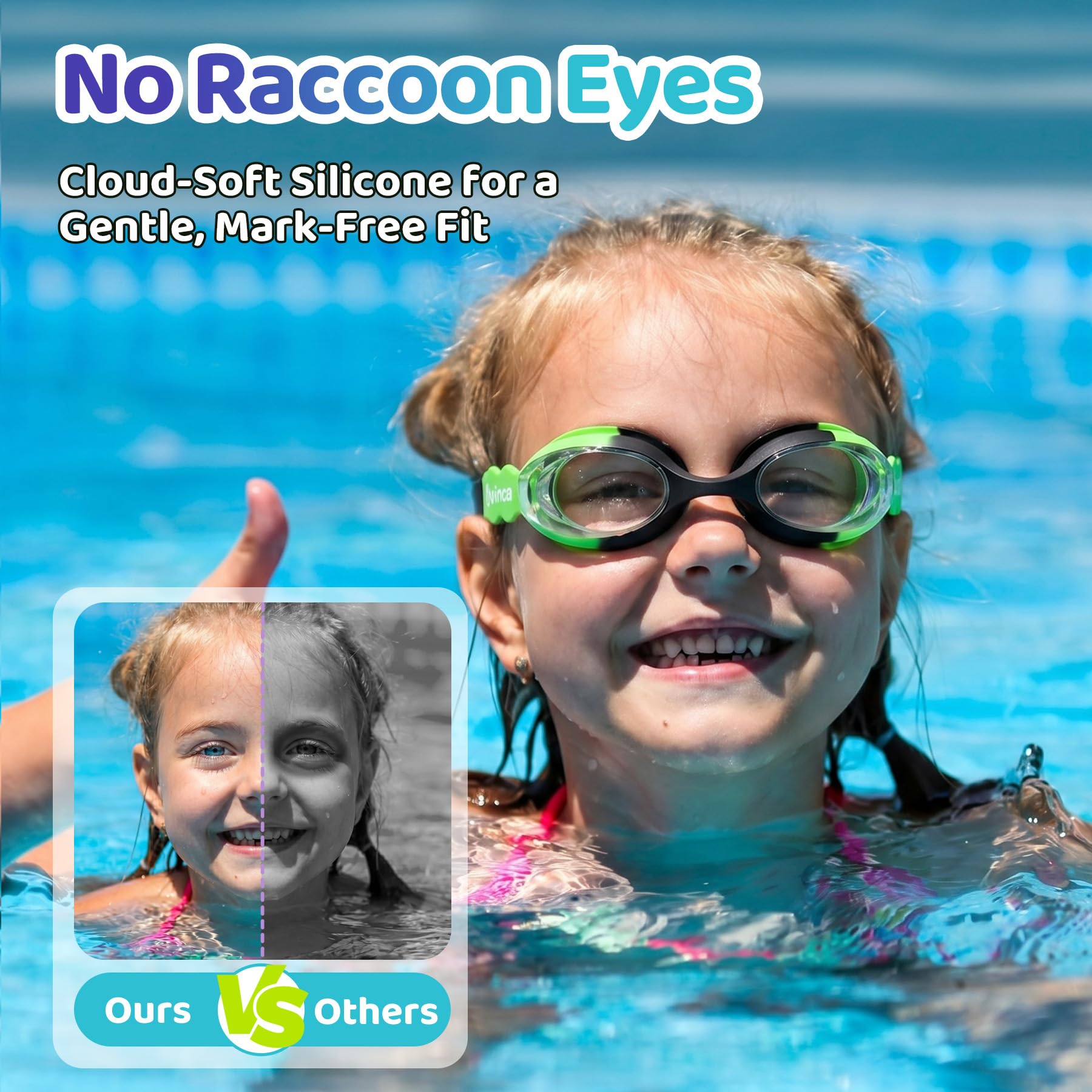 Vvinca Kids Swim Goggles with Fabric Strap No Tangle Pain-Free, Anti-Fog Swimming Pool Goggle No Leak for Toddlers Girls Boys