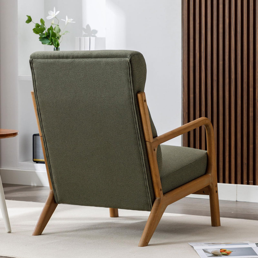 ANJ Mid Century Modern Accent Chair, Comfy Fabric Living Room Chairs with Solid Wood Frame, Lounge Reading Armchair, Easy Assembly, Beige