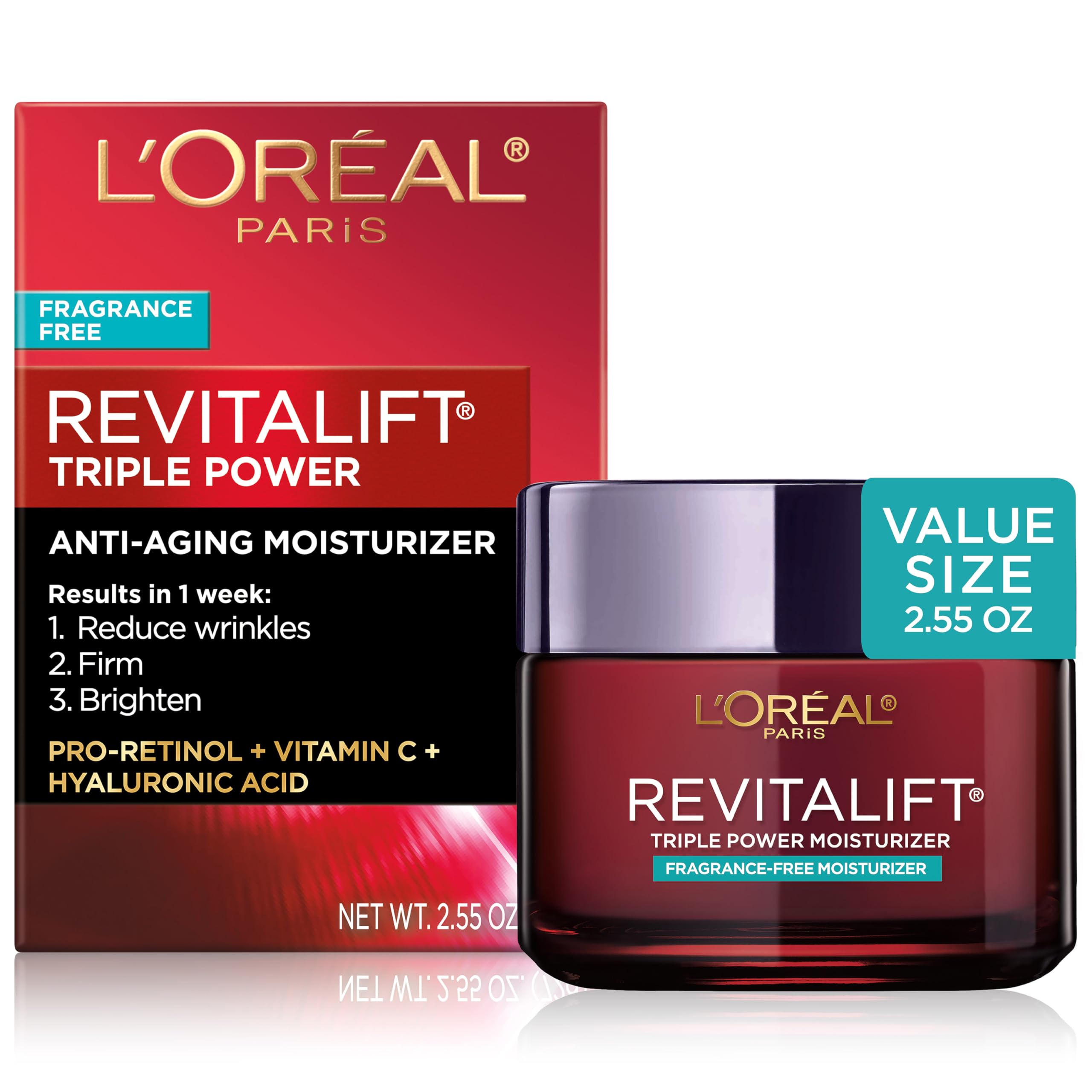 L'Oreal Paris Revitalift Triple Power Anti-Aging Face Moisturizer, Pro Retinol, Hyaluronic Acid & Vitamin C to Reduce Wrinkles, Firm & Brighten Skin, 2.55 Oz