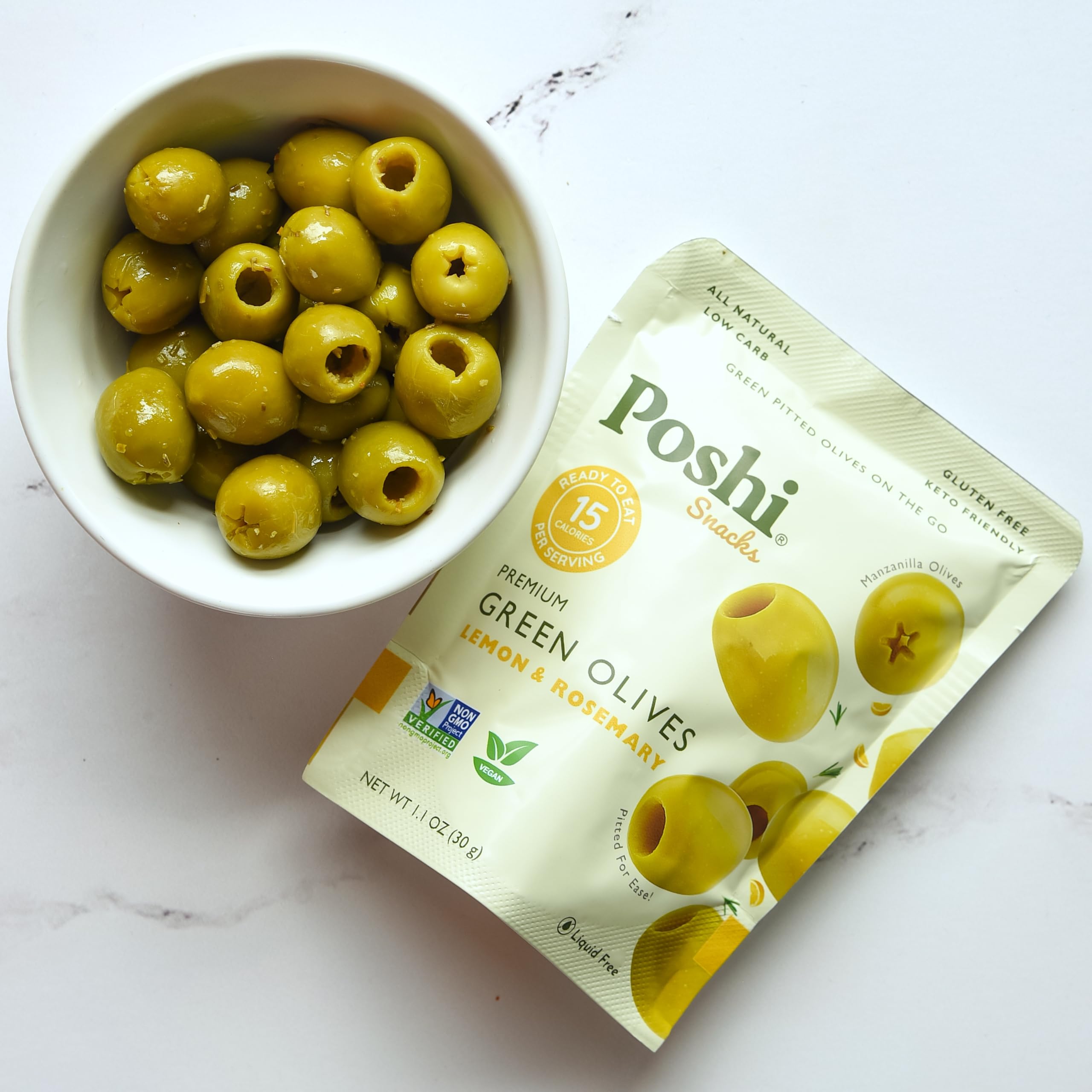 POSHI Green Pitted Olives - Basil & Garlic | Vegan, Kosher, Gluten Free + Keto Friendly, Fresh, Low Calorie Healthy Snacks | (30 Pack, 1.1oz Bags)