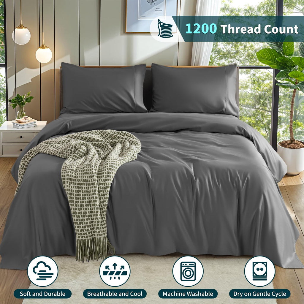 LBRO2M 100% Cotton 1200 Thread Count Full Size Sheets Set,16 inches Deep Pocket,Bed Sheet 4 Piece Sets (Black, Full)