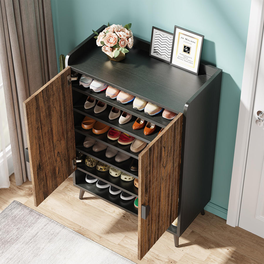 Tribesigns Shoe Cabinet with Doors, 7-Tier Shoe Storage Cabinet with Adjustable Shelves, Wooden Shoes Rack Shoe Storage Organizer for Entryway, Hallway, Closet, Living Room, Black