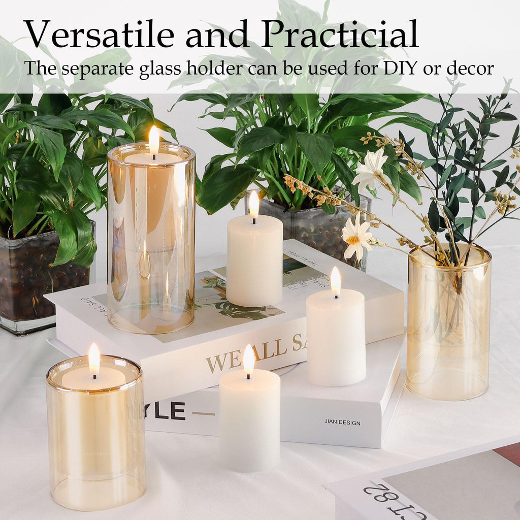NURADA Flameless Candles with Remote Timer: 3D Wick Battery Operated Led Pillar Acrylic Fake Candle Set for Home Decoration Romantic Ambiance - Gold 2 Pack