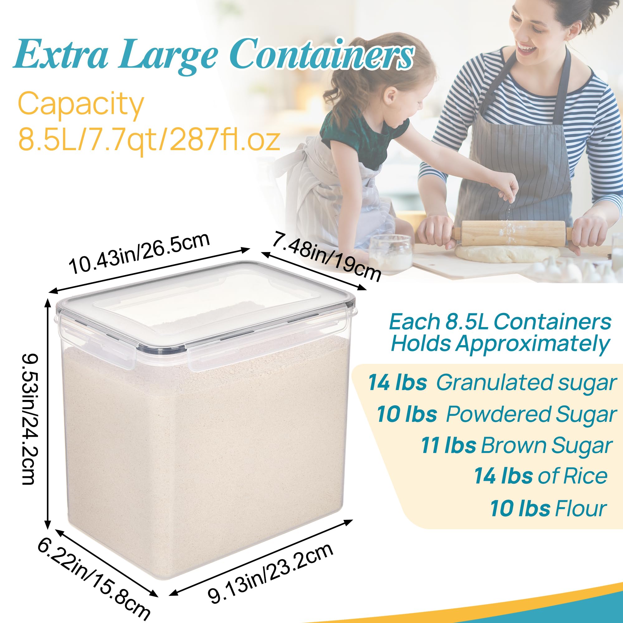 Vtopmart Food Storage Containers 2.5L / 84.5oz, 4 Pieces BPA Free Plastic Airtight Canister for Flour, Sugar, Baking Supplies, with 4 Measuring Cups and 24 Labels, Black