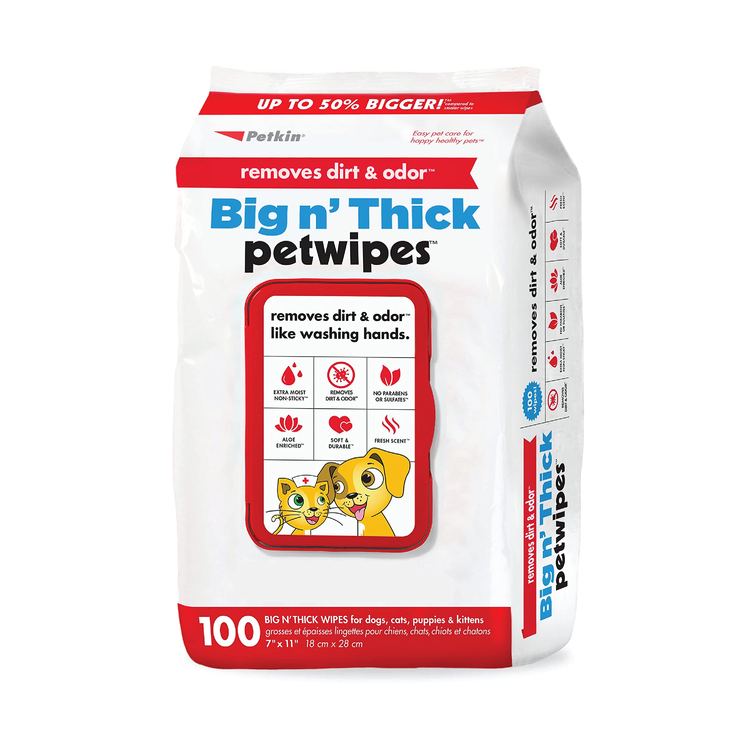 Petkin Pet Wipes for Dogs and Cats, 100 Large Wipes - Removes Dirt & Odor Like Washing Hands - Cleans Ears, Face, Butt, Eye Area - Convenient, Ideal for Home or Travel - 1 Pack of 100 Wipes
