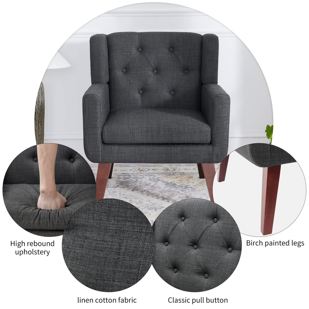 Living&Giving Accent Chair Button-Tufted Upholstered Living Room Chairs Comfy Reading Mid Century Modern with Linen Fabric Lounge Arm for Bedroom (Beige) 29.33D x 28.94W x 34.65H Inch