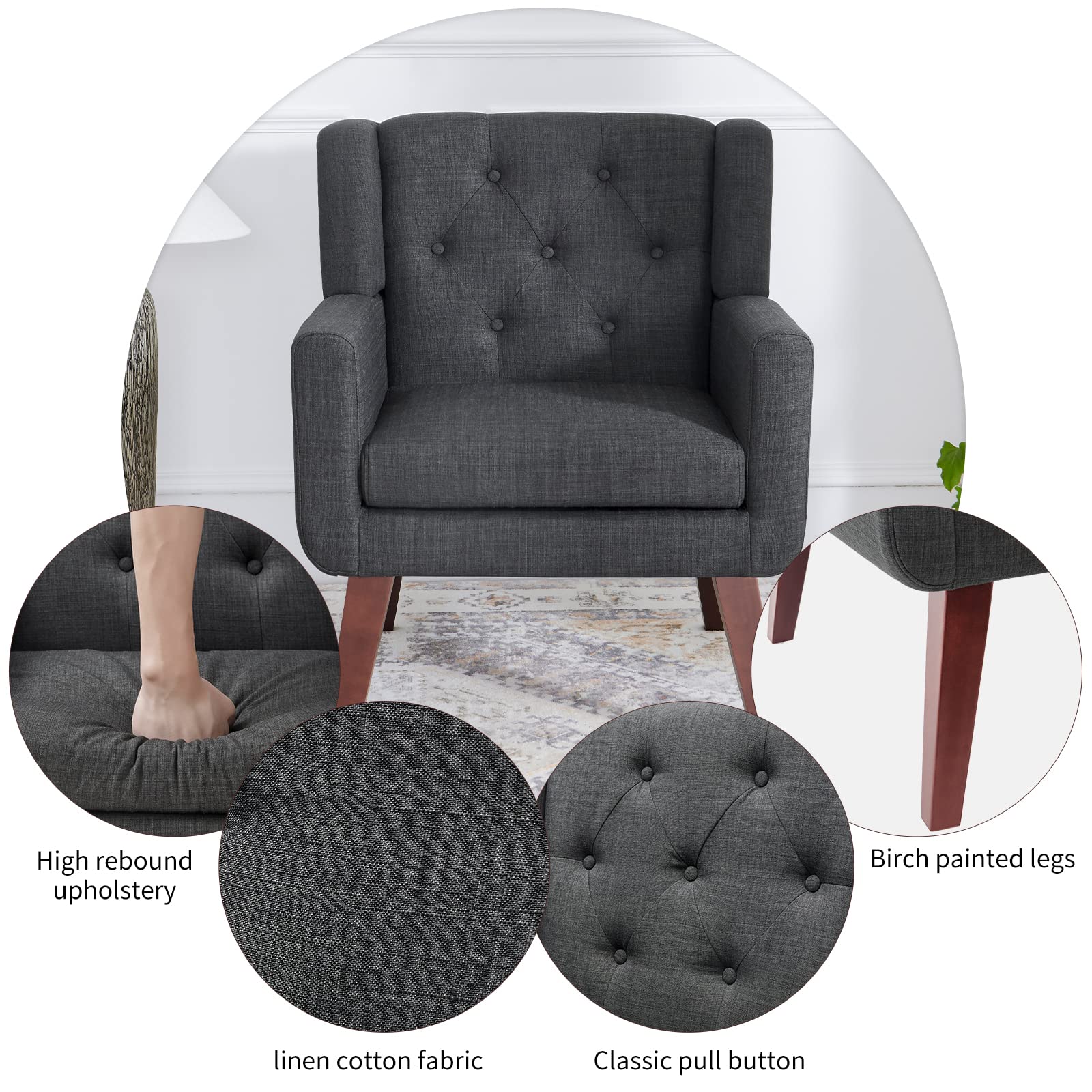 Living&Giving Accent Chair Button-Tufted Upholstered Living Room Chairs Comfy Reading Mid Century Modern with Linen Fabric Lounge Arm for Bedroom (Beige) 29.33D x 28.94W x 34.65H Inch