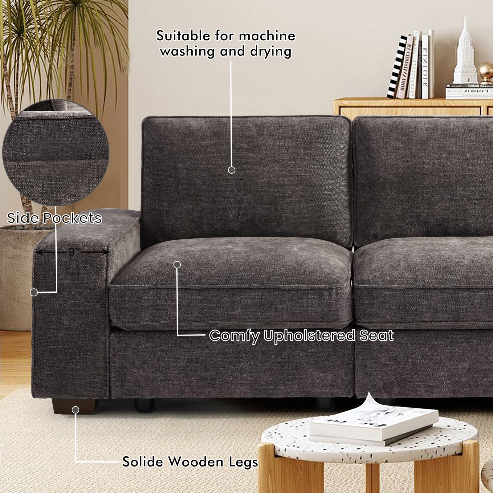 TEKAMON 100" Modular Sectional Sofa with Seats Storage, L Shaped Couch with Movable Ottoman for Living Room, Couch with Chaise, Solid Wood Frame, Spring Cushions, USB Port, Removable Covers, Beige