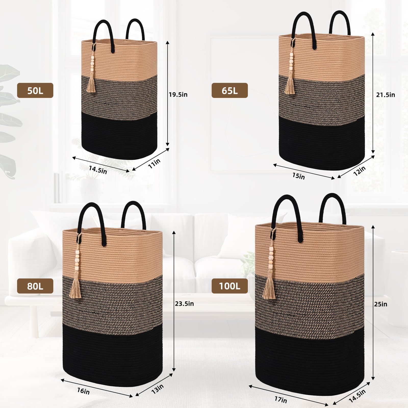 Woven Laundry Basket for Clothes, 50L Large Rectangle Laundry Hampers with Beads Tassel, Nursery Storage Basket for Toys, Tall Dirty Clothes Hamper for Bedroom Aesthetic, Laundry Room Organization
