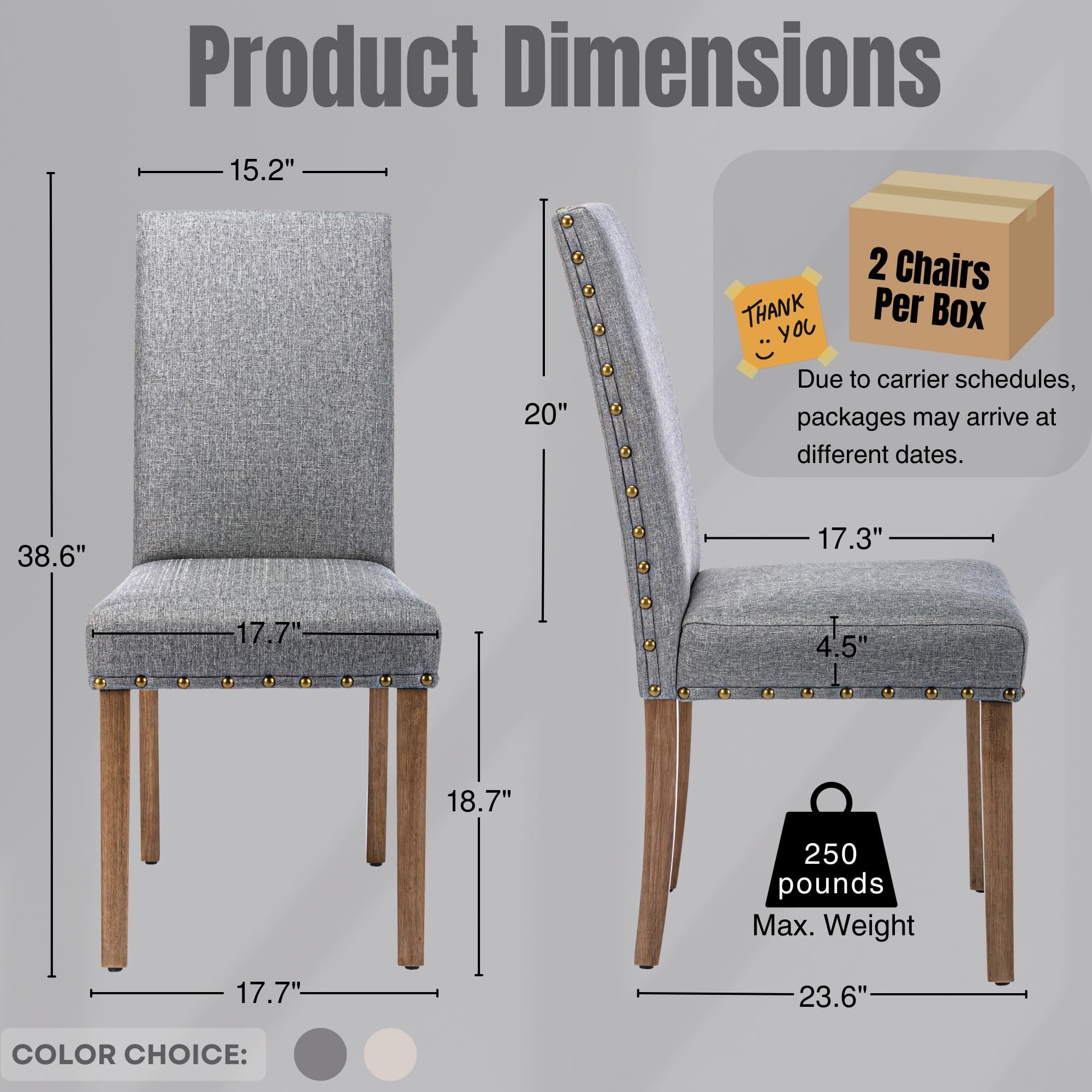 Upholstered Dining Chair Modern Stylish Parsons Kitchen Diner High Back with Bronze Nailhead Trim & Wood Legs, Set of 2, Grey