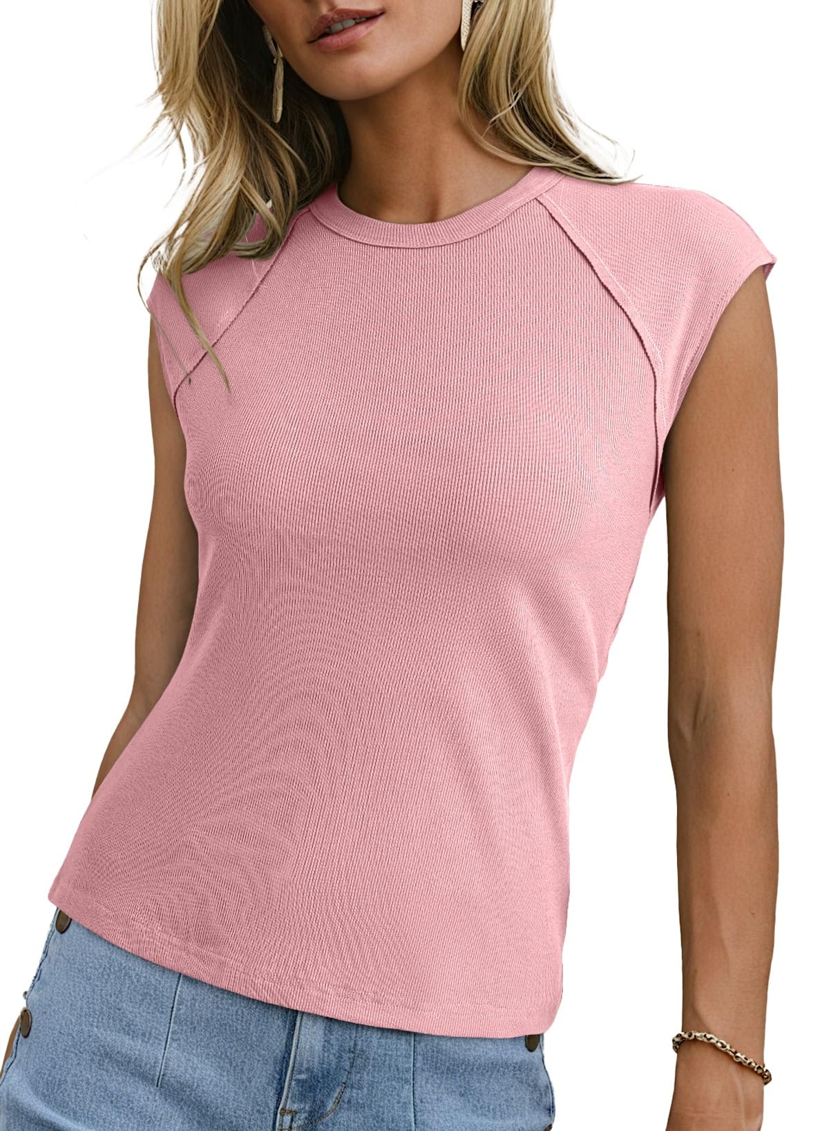 Sidefeel Womens Tops Casual Crewneck Cap Sleeve Tops Ribbed Raw Hem Summer T Shirts Slim Fit Basic Tees Blouses