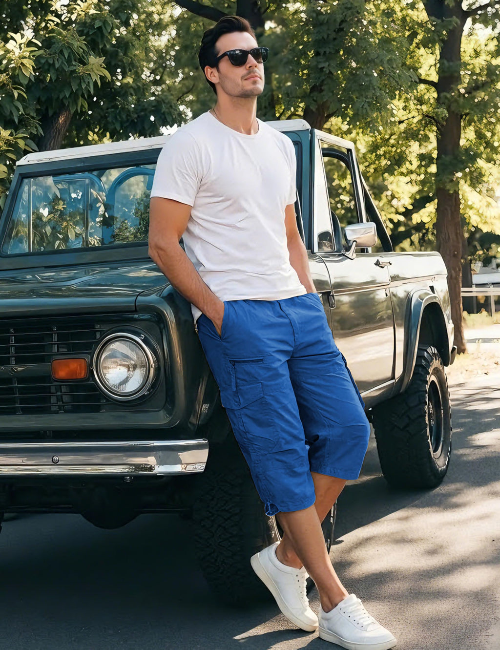EKLENTSON Men's Cargo Shorts Casual Twill Elastic 3/4 Capri Pants Below Knee Long Shorts with 7 Pockets