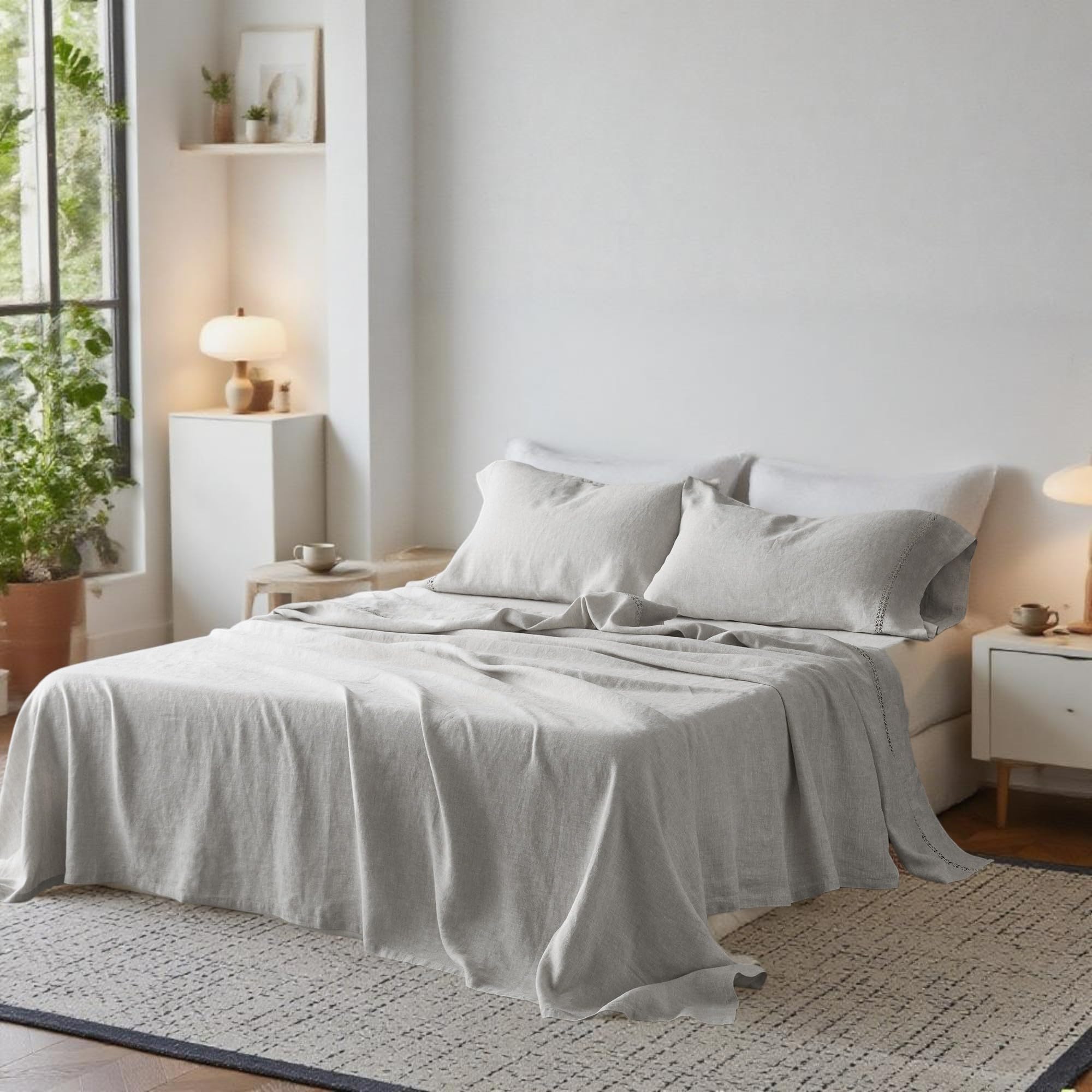 Simple&Opulence 100% Pure Linen Sheet Set Twin Size, Natural French Flax Solid Color 3 Pcs Washed Breathable, Farmhouse Bedding (1 Flat Sheet,1 Fitted Sheet,1 Pillowcase)-Embroidery Dark Grey