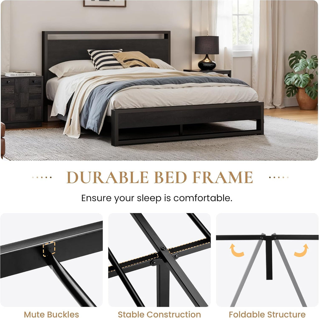 SHA CERLIN Full Size Bed Frame with Wooden Headboard,Heavy Duty Metal Slats Support Platform,No Box Spring Needed,Modern Black